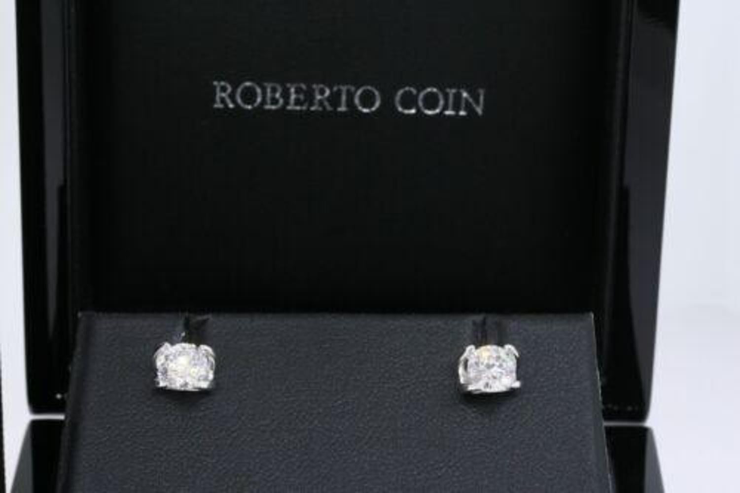 Round Cut Roberto Coin Cento Diamond Stud Earrings 18k White Gold ~1.20ctw