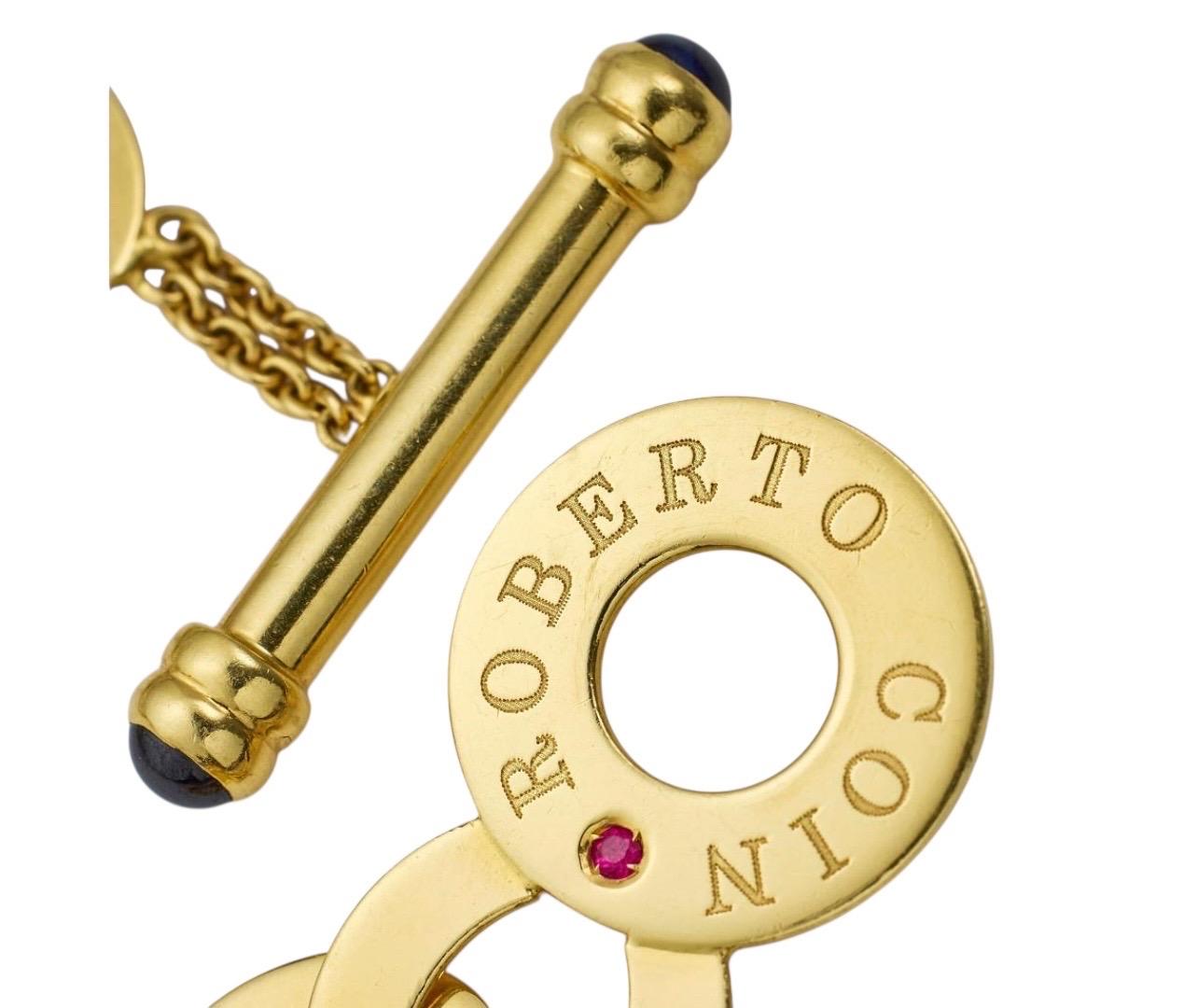 Collier à chaîne en pièces de monnaie Roberto Coin en or jaune 18 carats, saphir cabochon et rubis. Bon état - En vente à Austin, TX