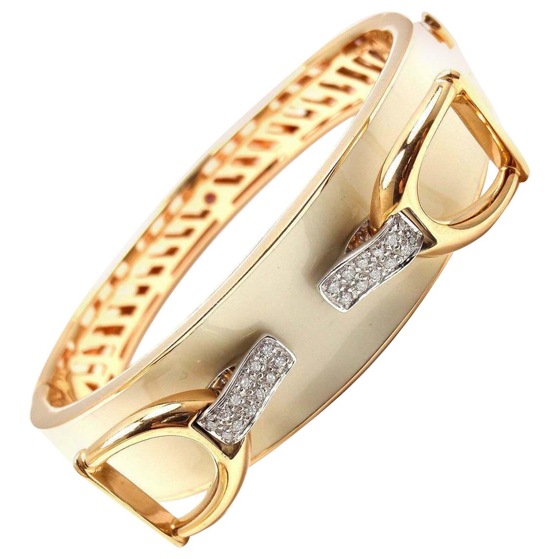 Roberto Coin Cheval Stirrup Diamond Enamel Yellow Gold Bangle Bracelet For Sale