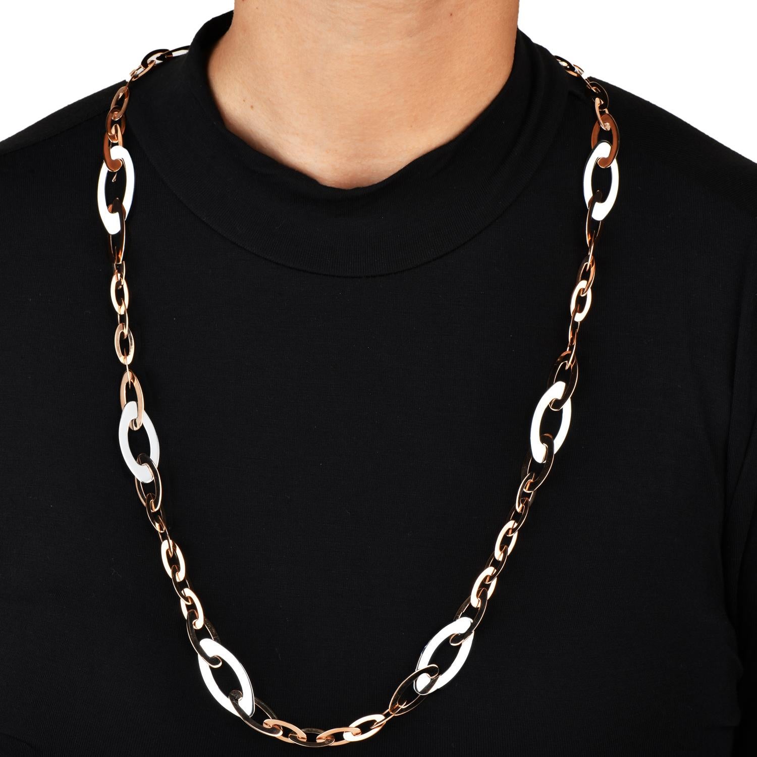 The Roberto Coin Necklace is a luxurious piece of jewelry designed by Roberto Coin, an Italian jewelry designer known for his elegant and innovative creations.

This particular necklace is part of the Chic And Shine Collection, which showcases the