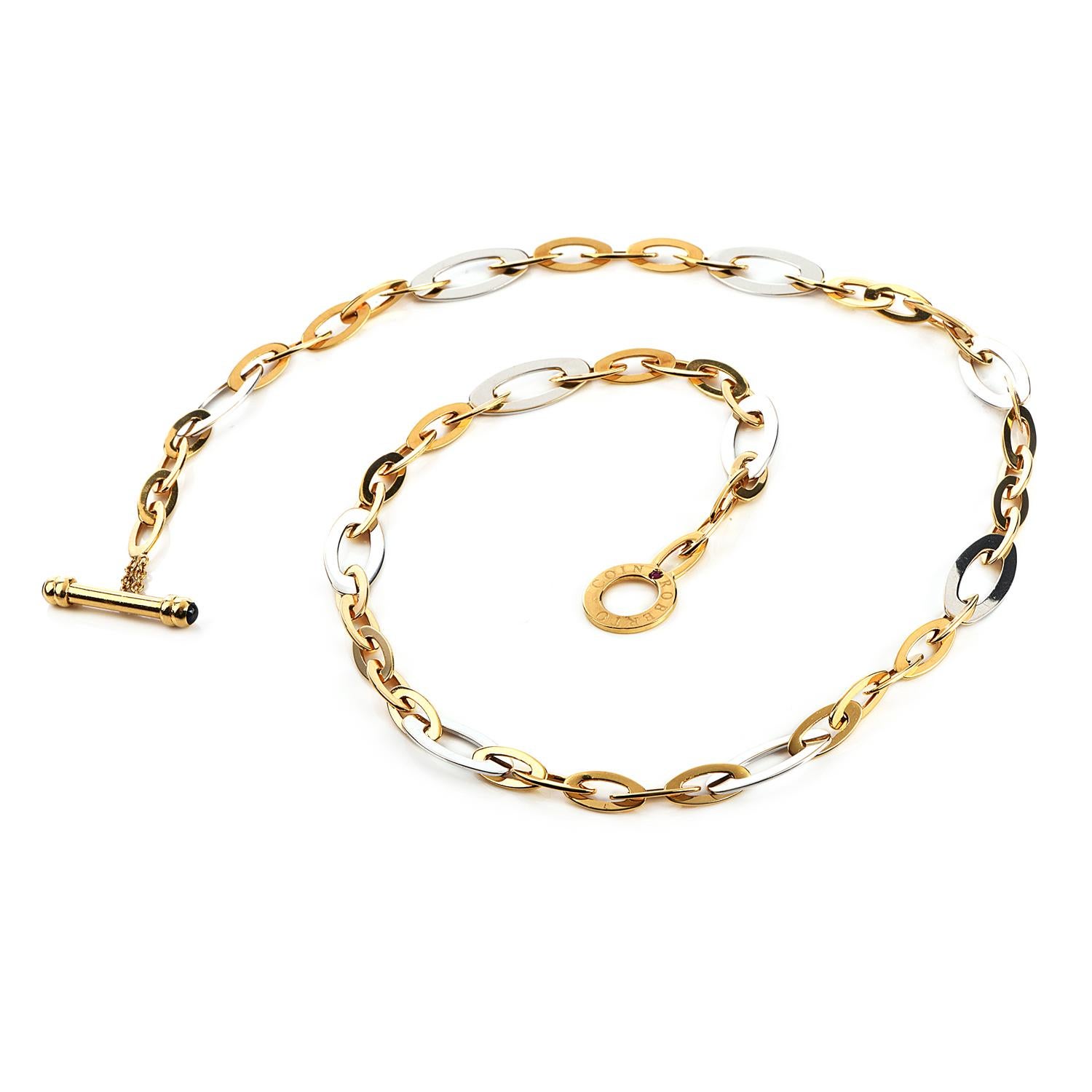 Presenting this 18K Yellow and white Gold Chic and Shine Chain Necklace by Roberto Coin.  Roberto Coin is the creator of sophistication, blending modernity and tradition; every single design is created with absolute freedom to magnify beauty and