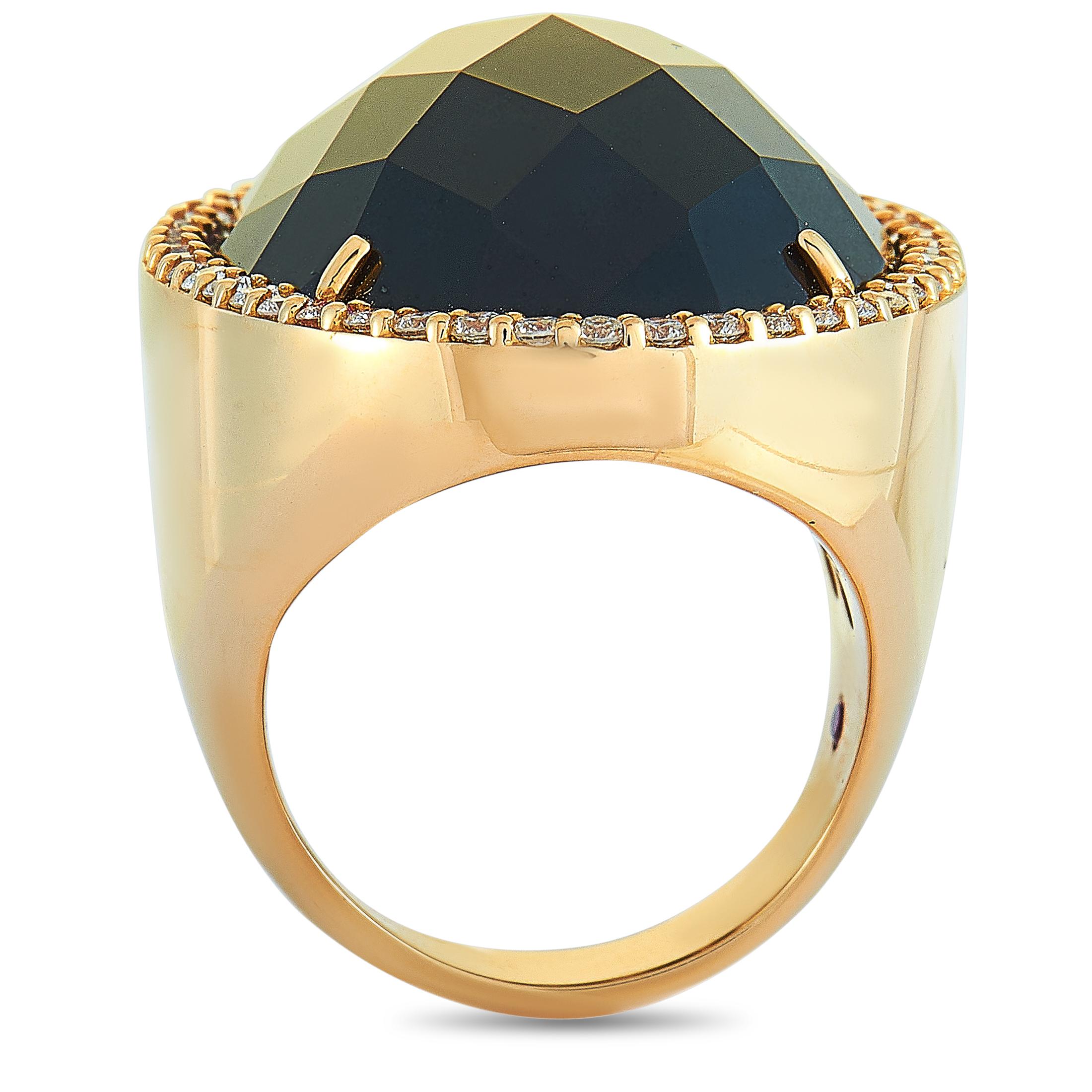 The Roberto Coin “Cocktail” ring is crafted from 18K rose gold and set with an onyx and a total of 0.90 carats of diamonds. The ring weighs 24.3 grams, boasting band thickness of 4 mm and top height of 10 mm, while top dimensions measure 24 by 32