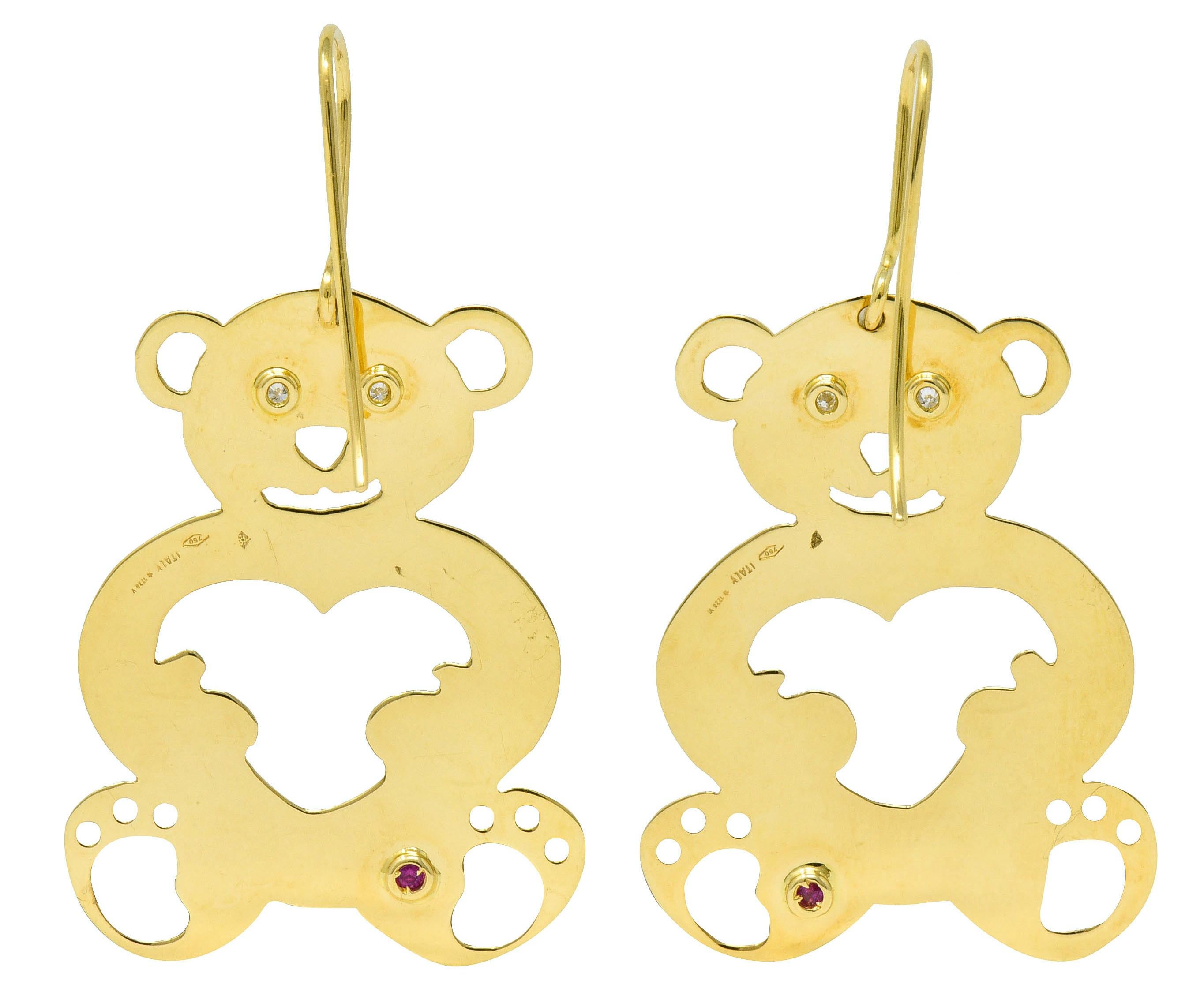 Contemporary Roberto Coin Diamond 18 Karat Gold Pierced Heart Bear Drop Earrings