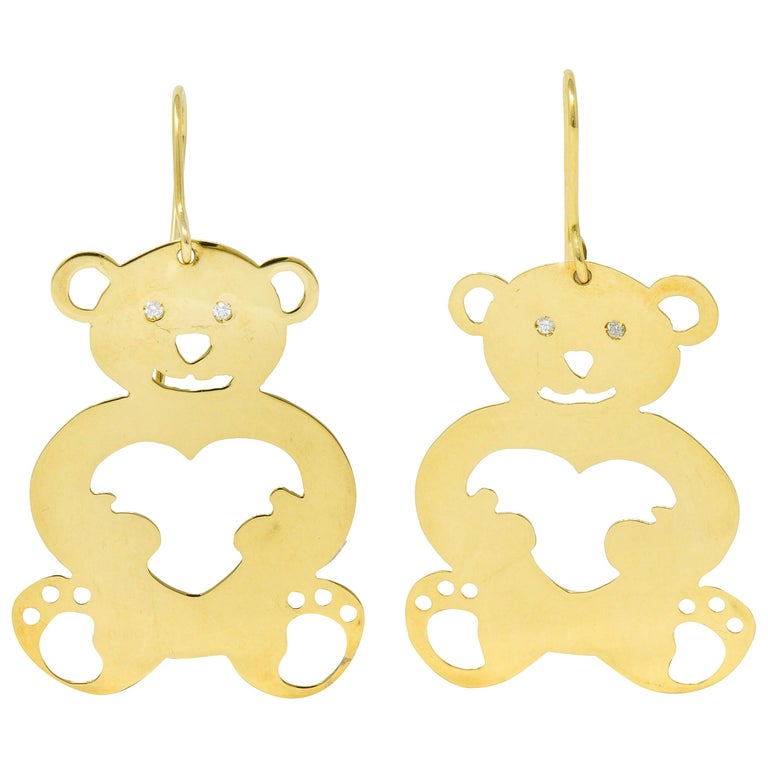 Roberto Coin Diamond 18 Karat Gold Pierced Heart Bear Drop Earrings For Sale At 1stdibs