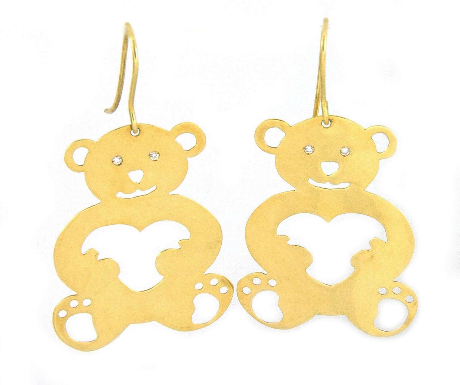 Roberto Coin Diamond 18k Yellow Gold Teddy Bear Hook Dangle Earrings In Excellent Condition For Sale In Boca Raton, FL