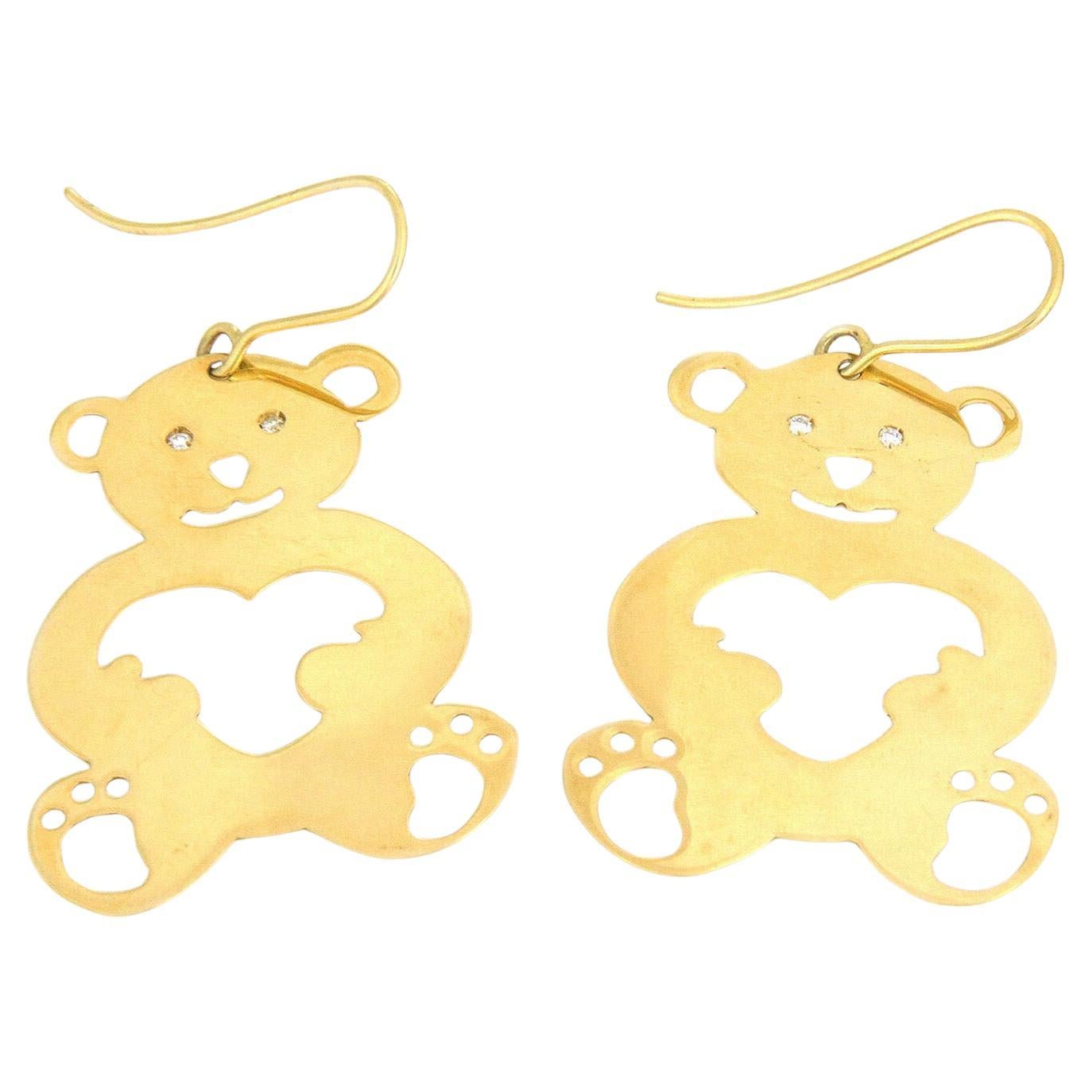 Roberto Coin Diamond 18k Yellow Gold Teddy Bear Hook Dangle Earrings For Sale