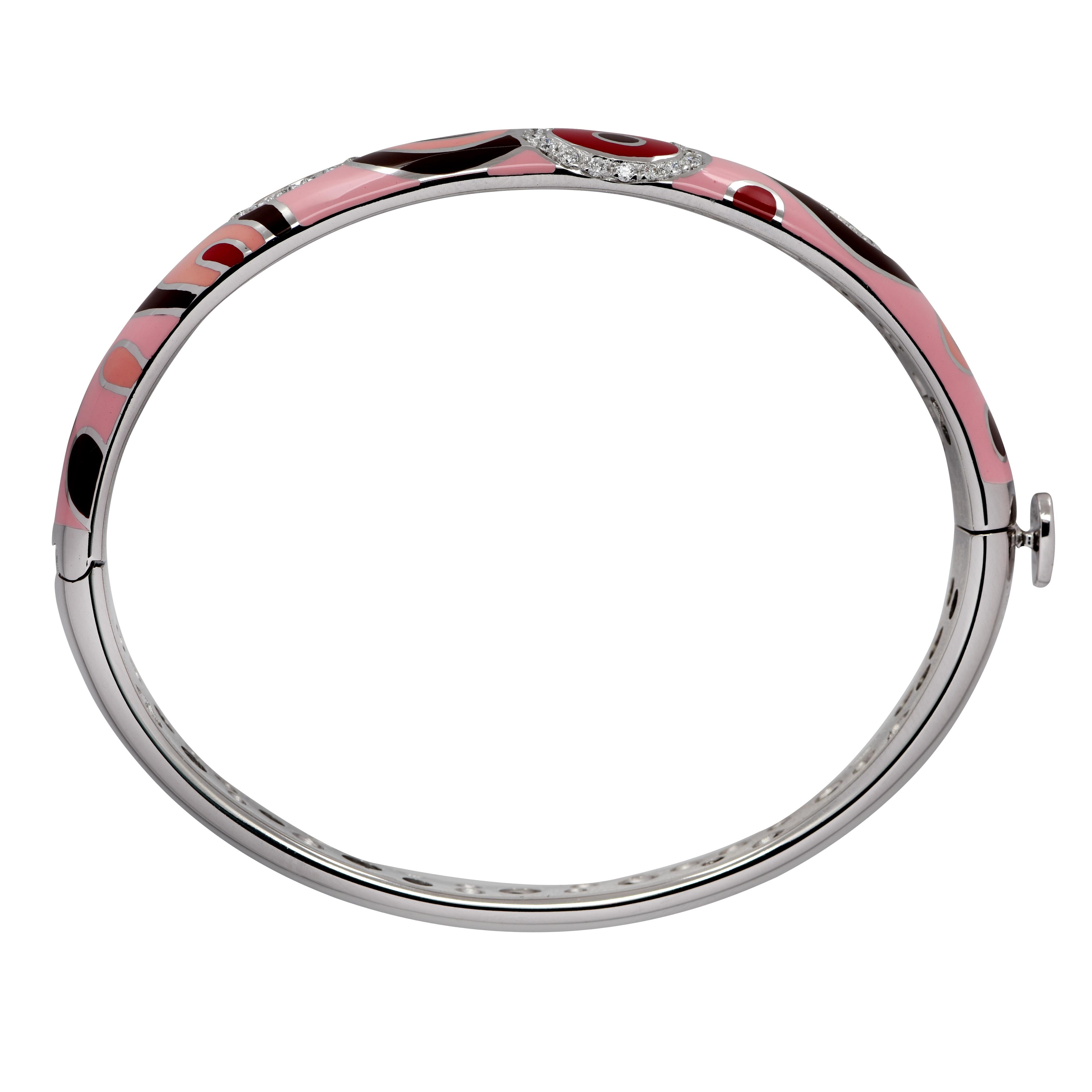 Stunning Roberto Coin bracelet crafted in 18 karat white gold, pink, red and brown enamel and diamonds. This exquisite bracelet features enamel and white gold swags and swirls, and 36 round brilliant cut diamonds weighing approximately .50 carats