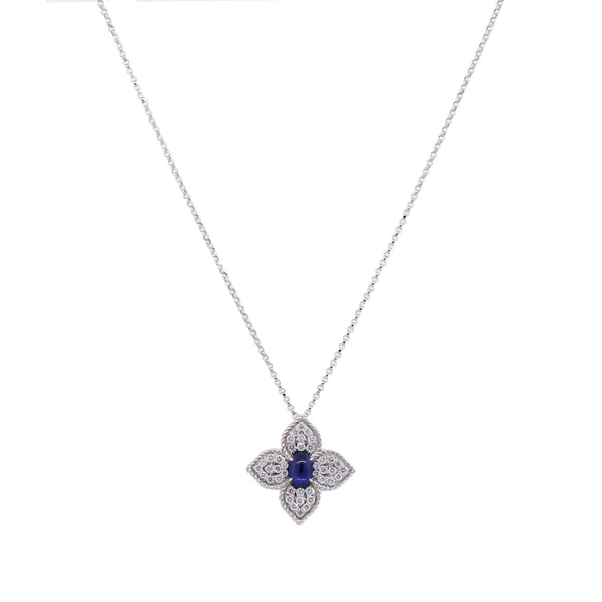 Material: 18k White Gold
Diamond Details: Approximately 0.44ctw of round brilliant diamonds. Diamonds are G in color, VS in clarity
Gemstone Details: Oval shape cabochon sapphire measuring approximately 5.77mm x 3.40mm, approx. 0.50ct
Pendant