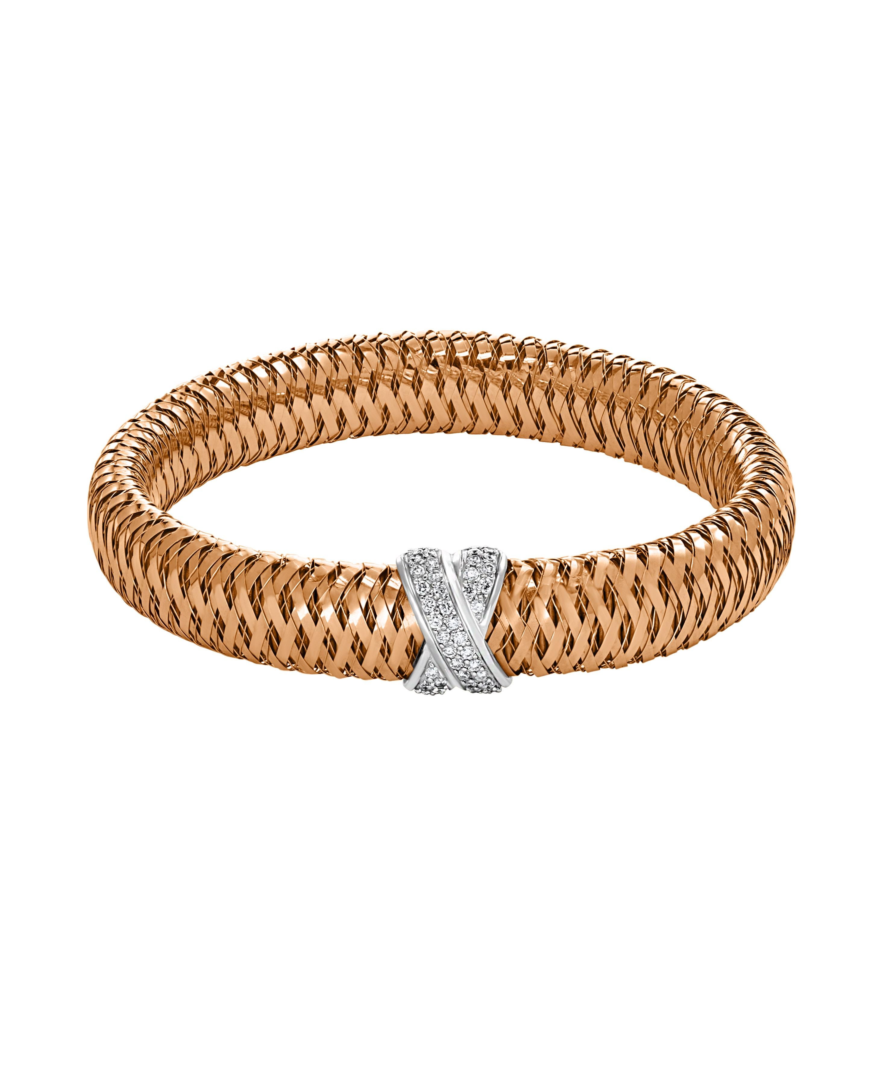 Roberto Coin Diamond  Bangle  Stretchable Bracelet  18 Karat Rose  Gold Estate
This is a stretchable bracelet so does not have any clasp  .
Diamonds : Approximately 1 Carat
18K Rose  gold  : 29 Grams
It features a bangle style  Bracelet crafted from