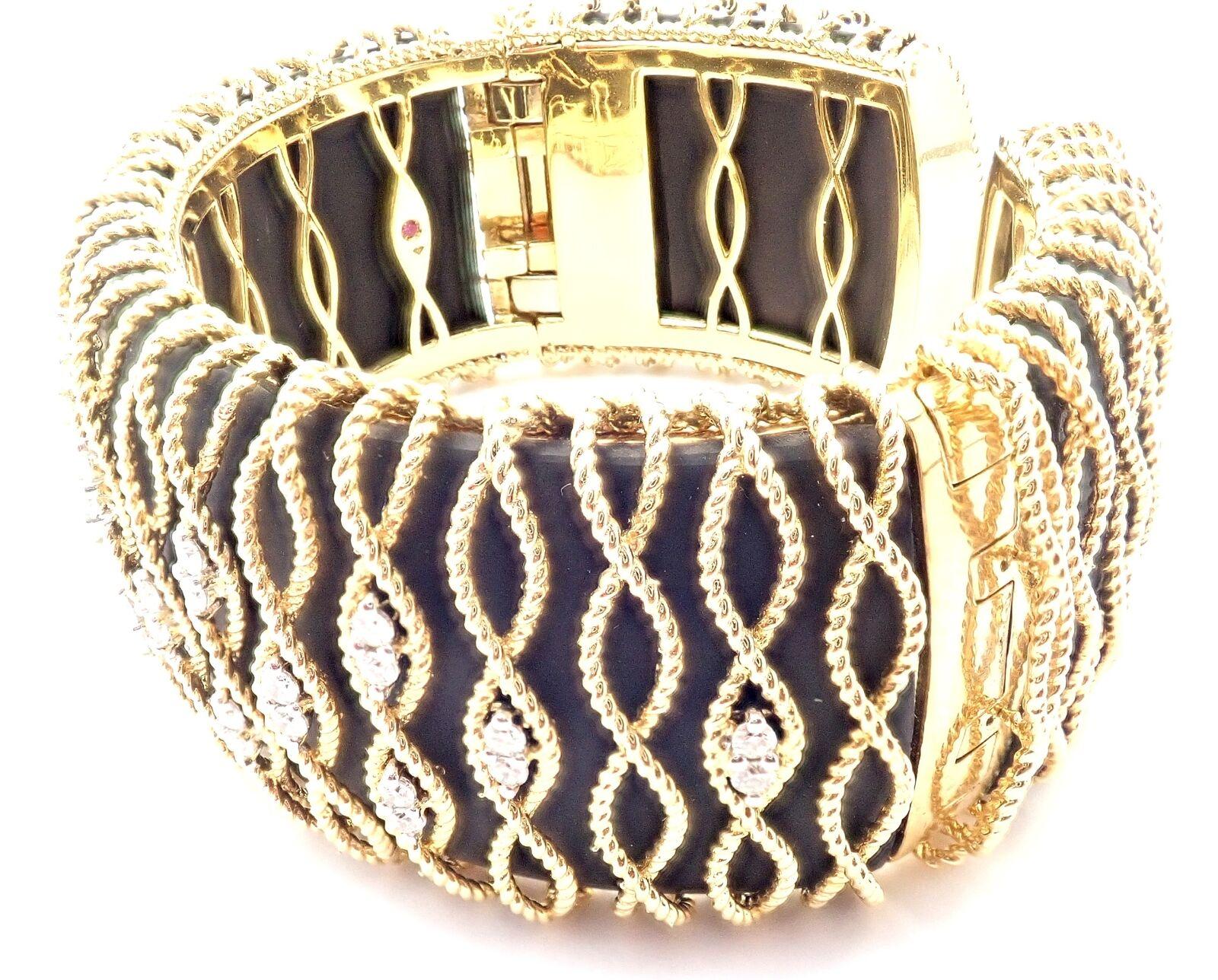 Brilliant Cut Roberto Coin Diamond Ebony Wood Cuff Yellow Gold Bangle Bracelet For Sale