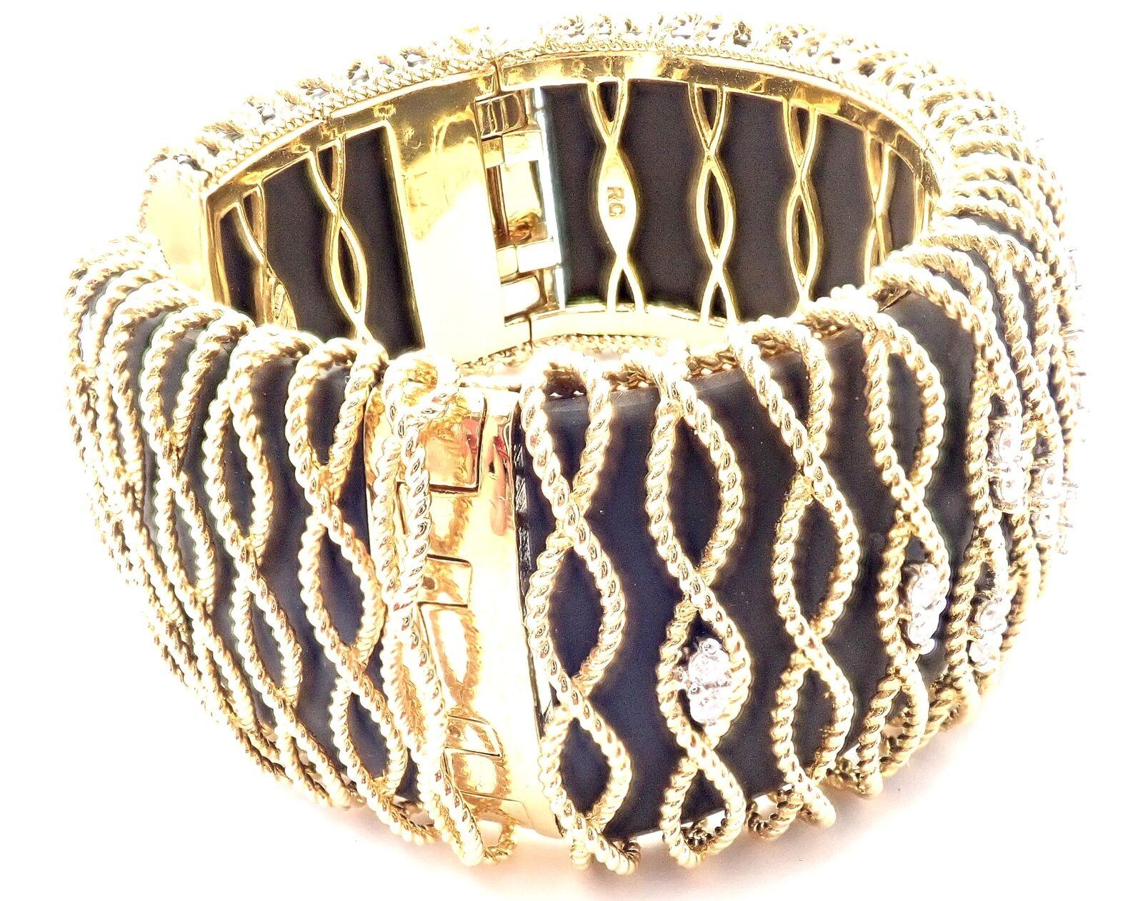 Women's or Men's Roberto Coin Diamond Ebony Wood Cuff Yellow Gold Bangle Bracelet For Sale