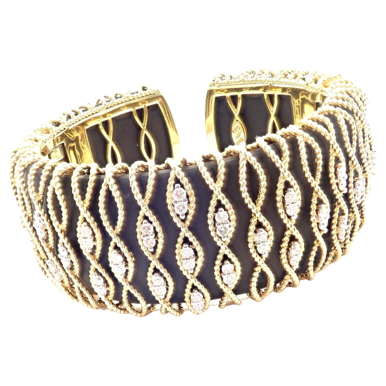 Roberto Coin Diamond Ebony Wood Cuff Yellow Gold Bangle Bracelet For Sale