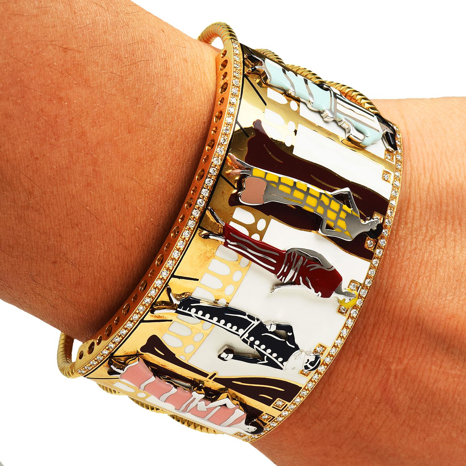 Boutique Piece, Limited edition from Roberto Coin!n This High-quality artistry features a Multicolor Deco era Enamel ladies, hand twisted cuffs made in 18k yellow This wide cuff bracelet is set with approx. 1.00 carats F-G Color, VVS