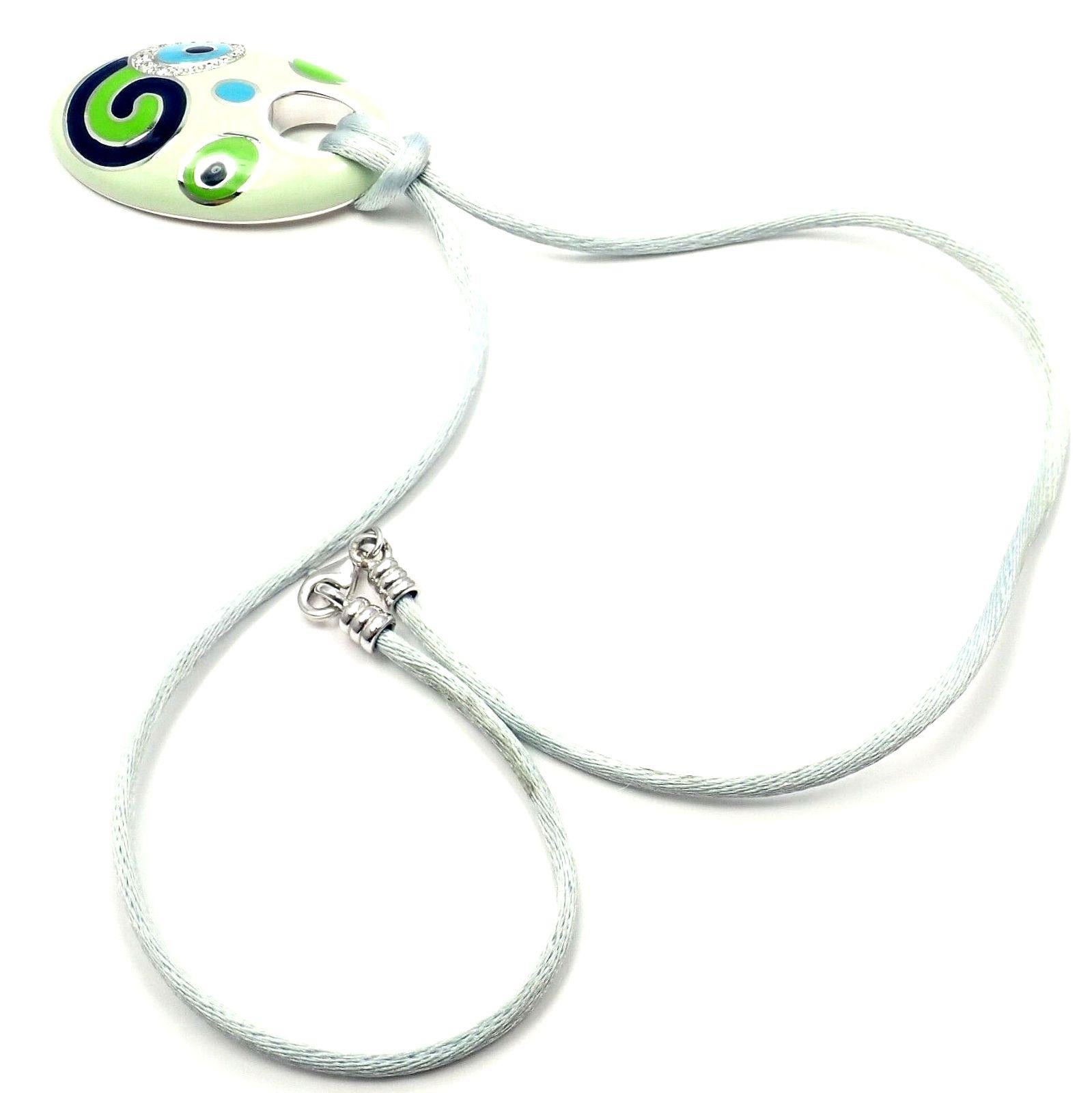 Roberto Coin Diamond Enamel Silk Cord White Gold Pendant Necklace In Excellent Condition For Sale In Holland, PA