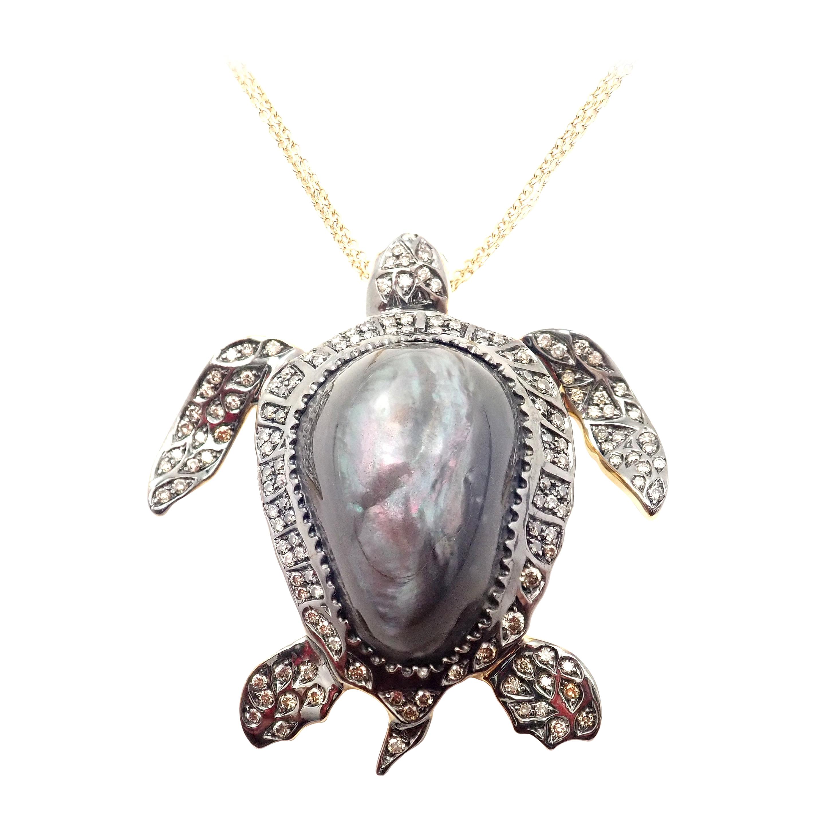 Roberto Coin Diamond Mother of Pearl Sea Turtle White Gold Pendant Necklace