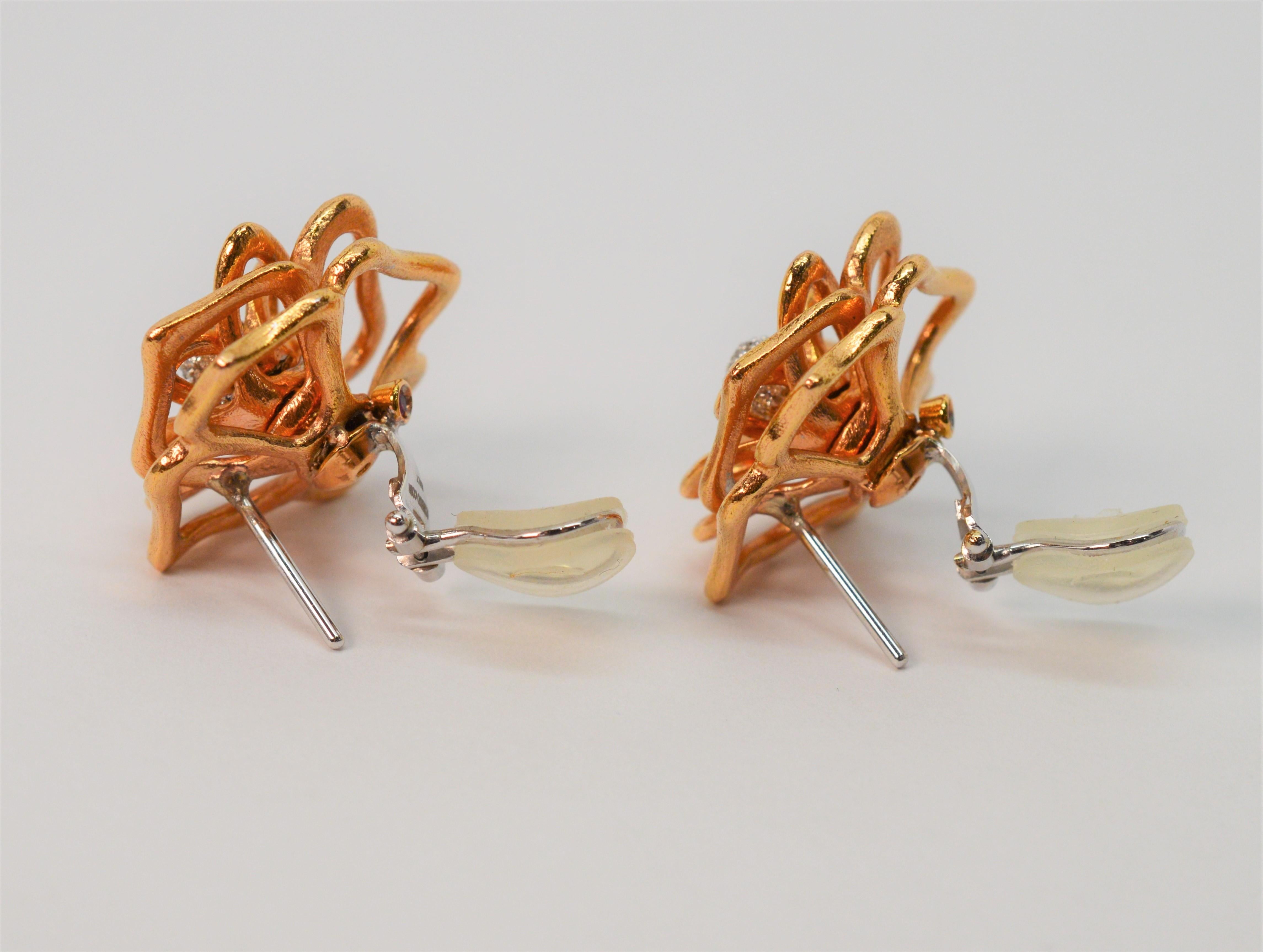 Roberto Coin Diamond Rose Gold Flower Earrings In Excellent Condition For Sale In Mount Kisco, NY