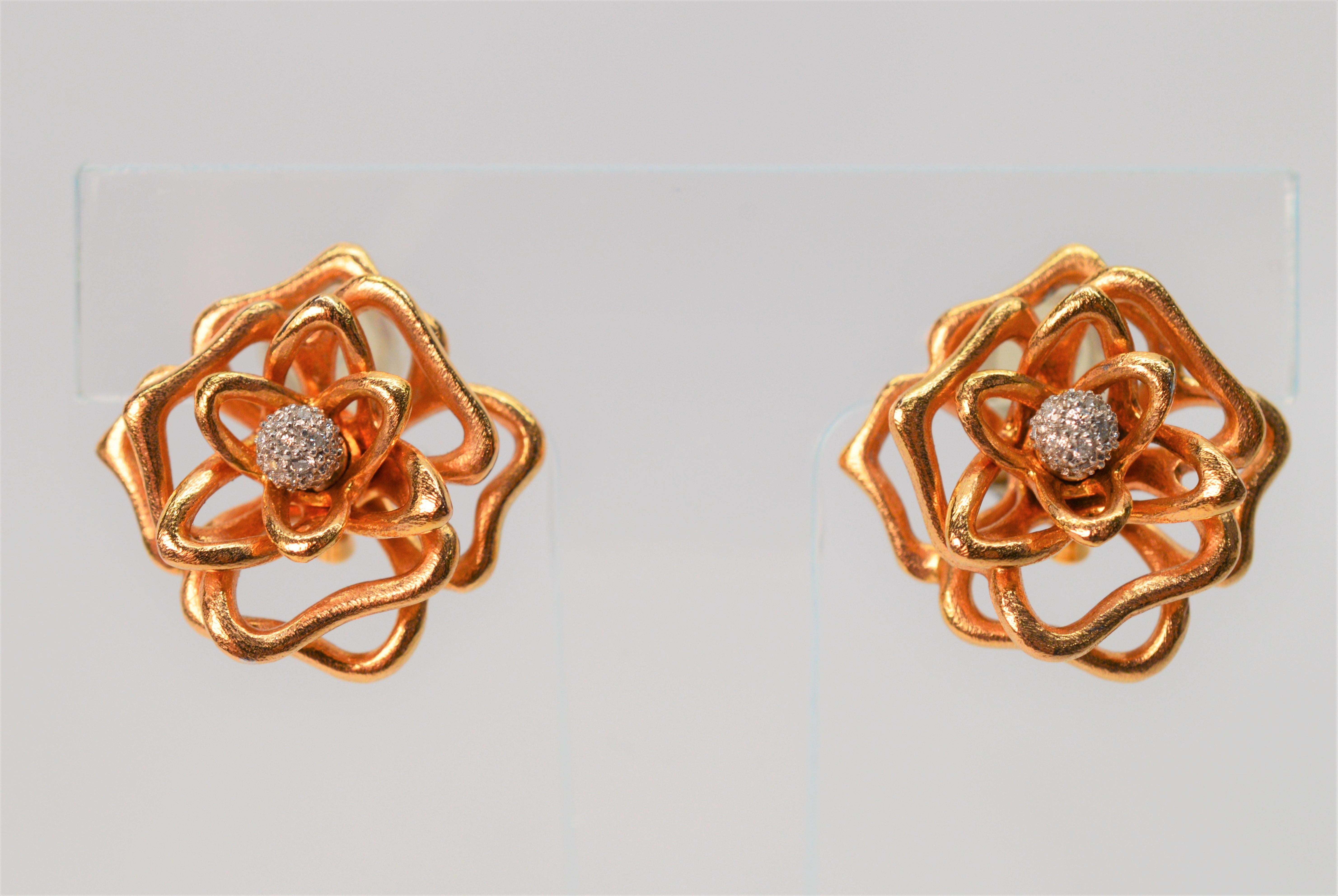 Roberto Coin Diamond Rose Gold Flower Earrings For Sale 1