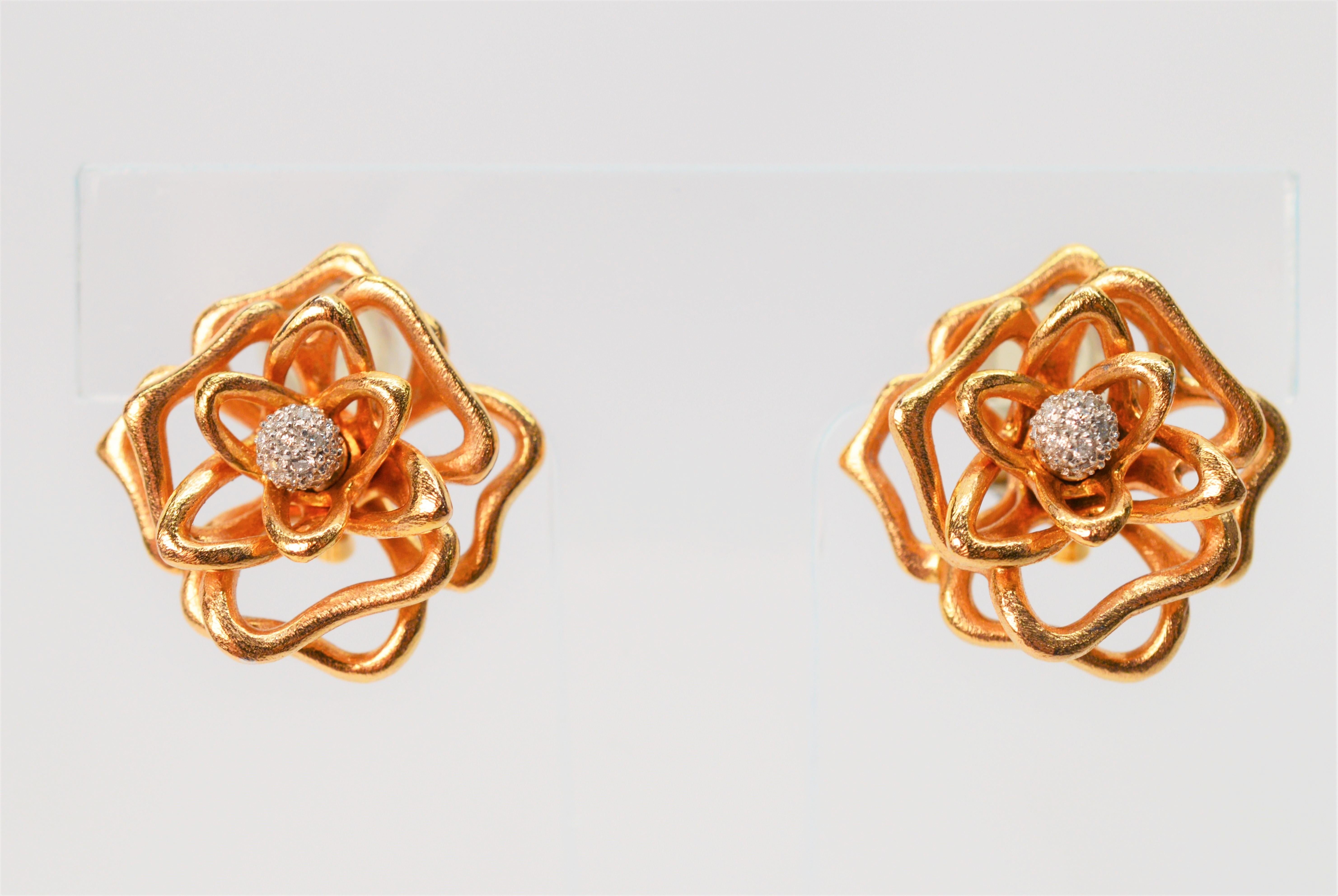 Roberto Coin Diamond Rose Gold Flower Earrings For Sale 2