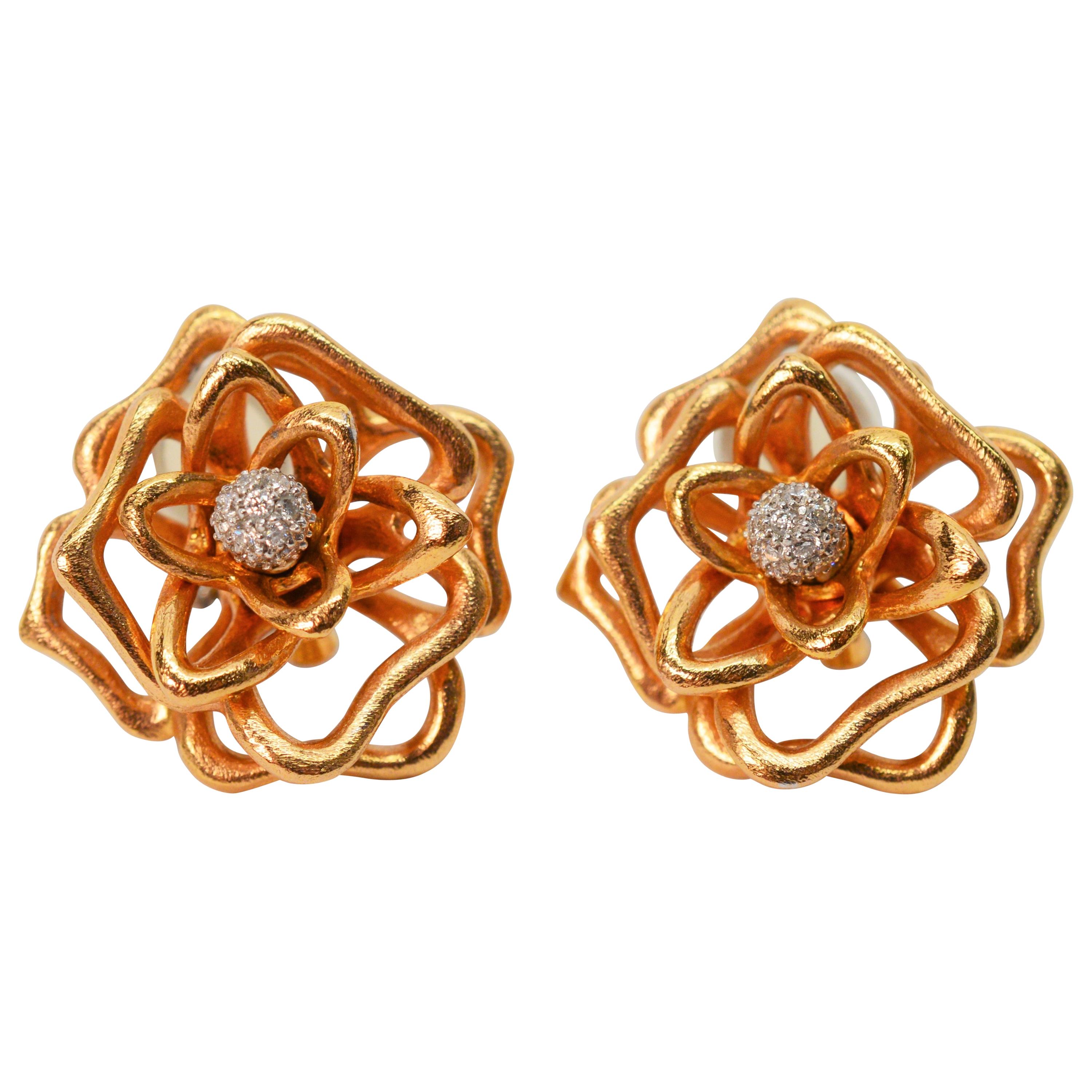 Roberto Coin Diamond Rose Gold Flower Earrings For Sale