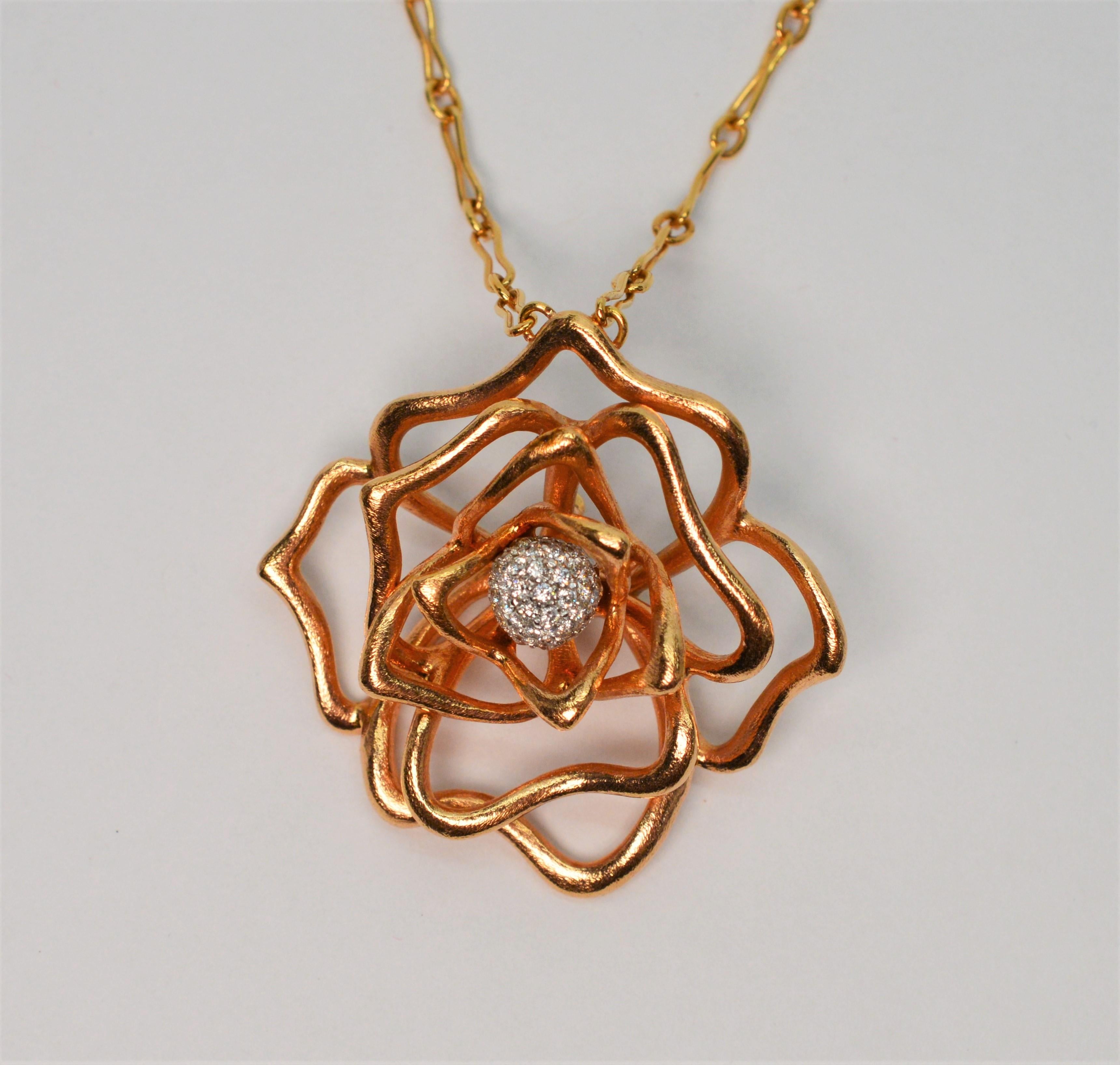 Roberto Coin Diamond Rose Gold Flower Necklace For Sale 6