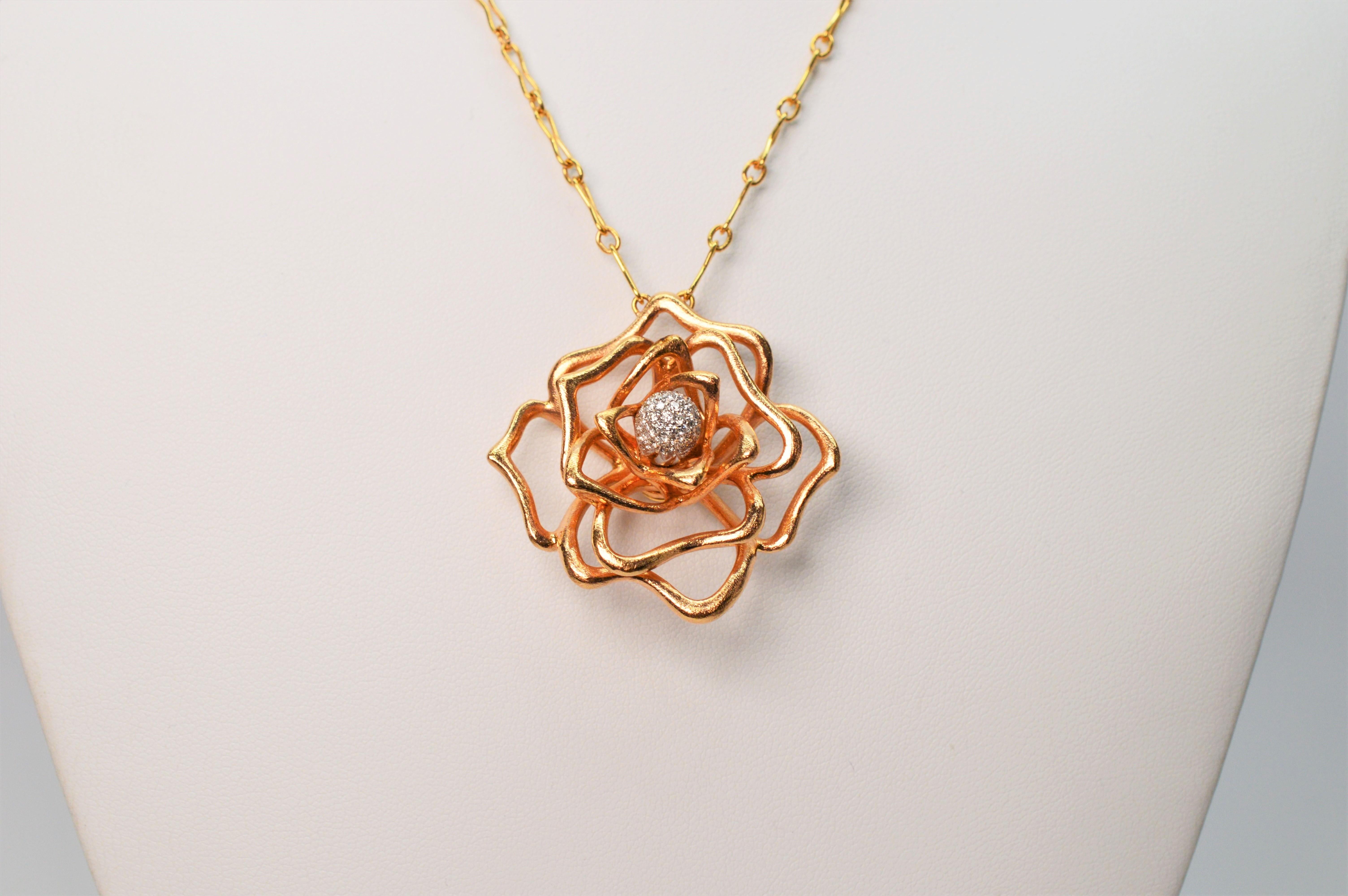 Roberto Coin Diamond Rose Gold Flower Necklace In Excellent Condition For Sale In Mount Kisco, NY