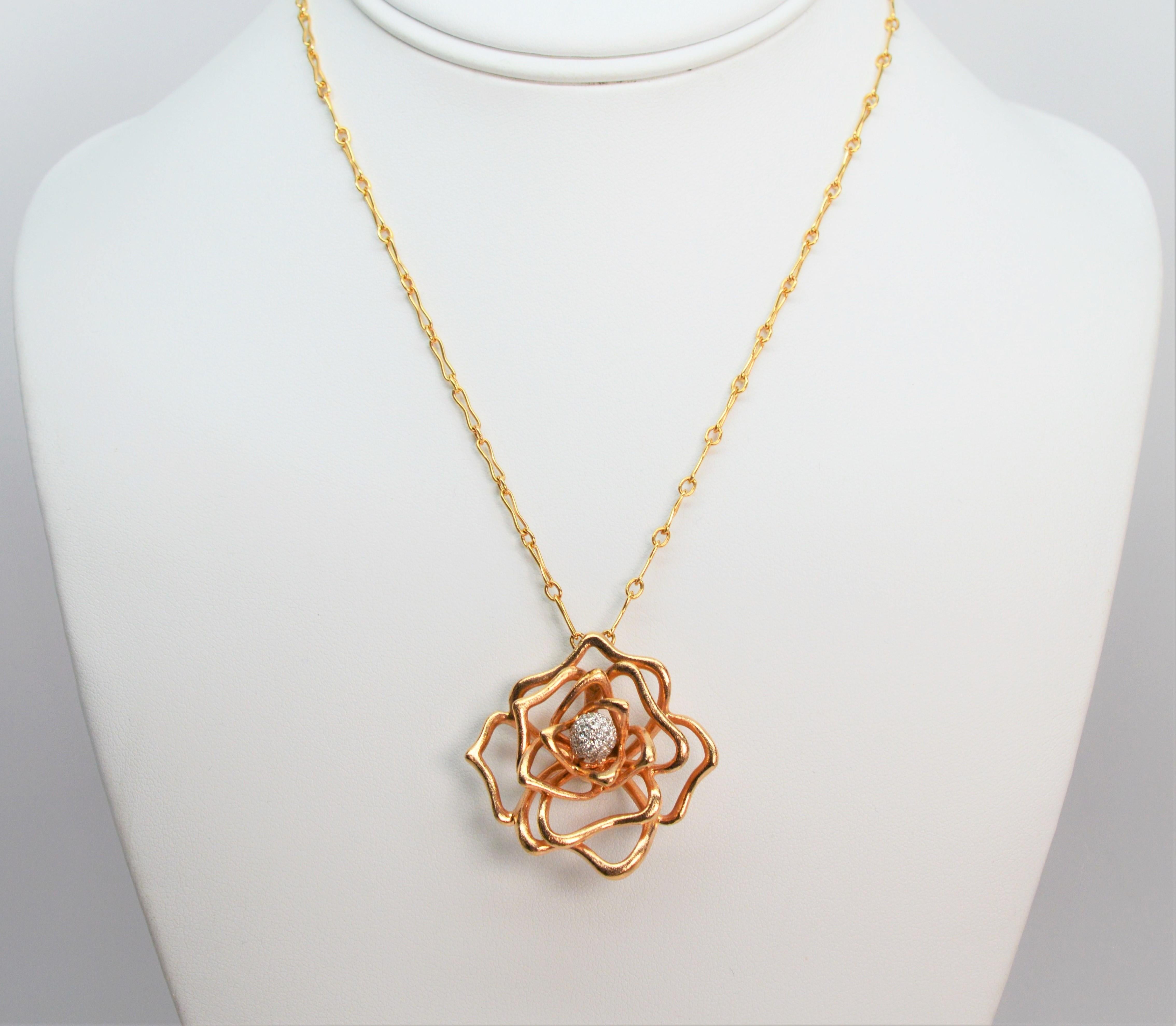 Roberto Coin Diamond Rose Gold Flower Necklace For Sale 1