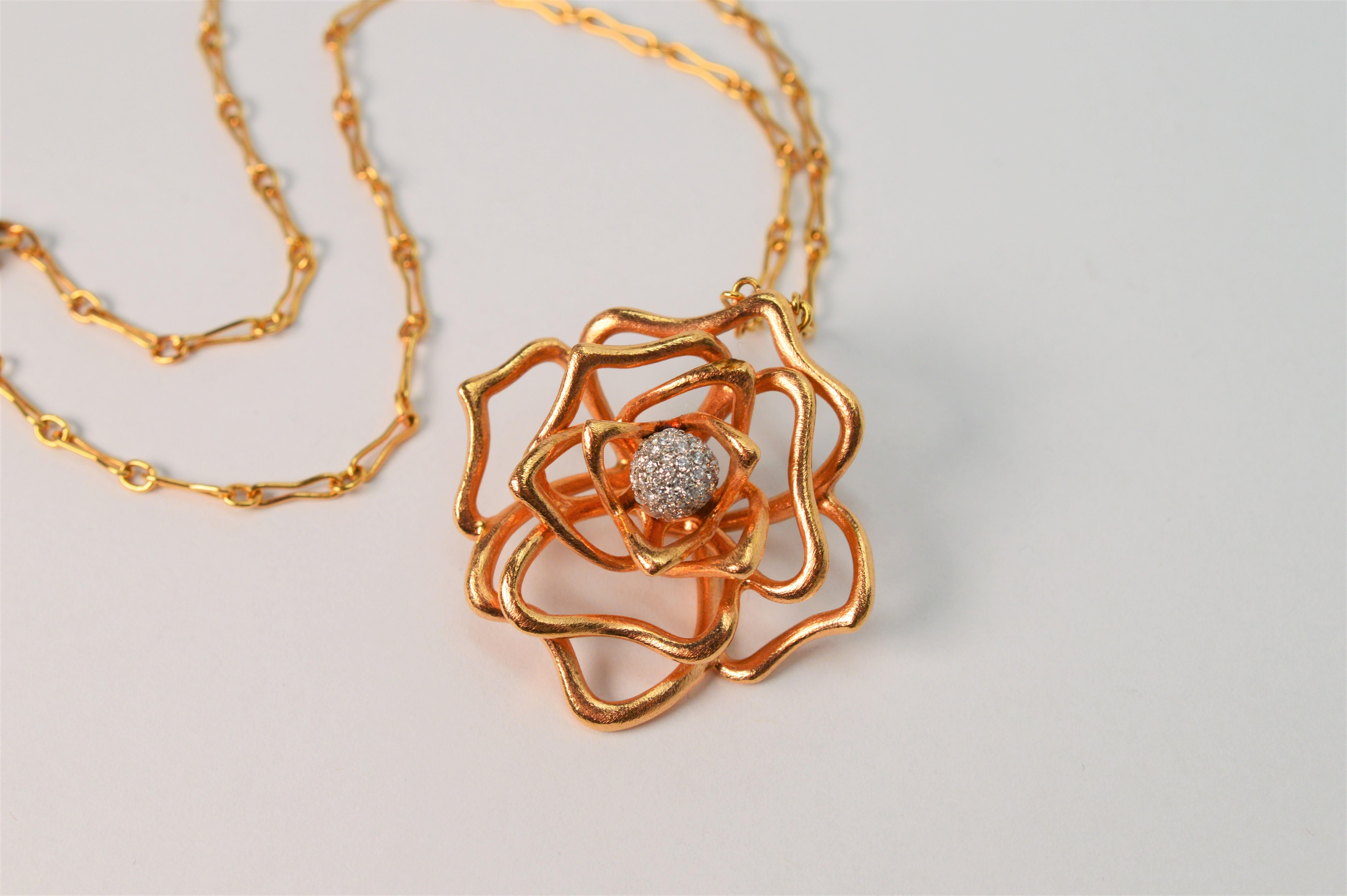 Roberto Coin Diamond Rose Gold Flower Necklace For Sale 2