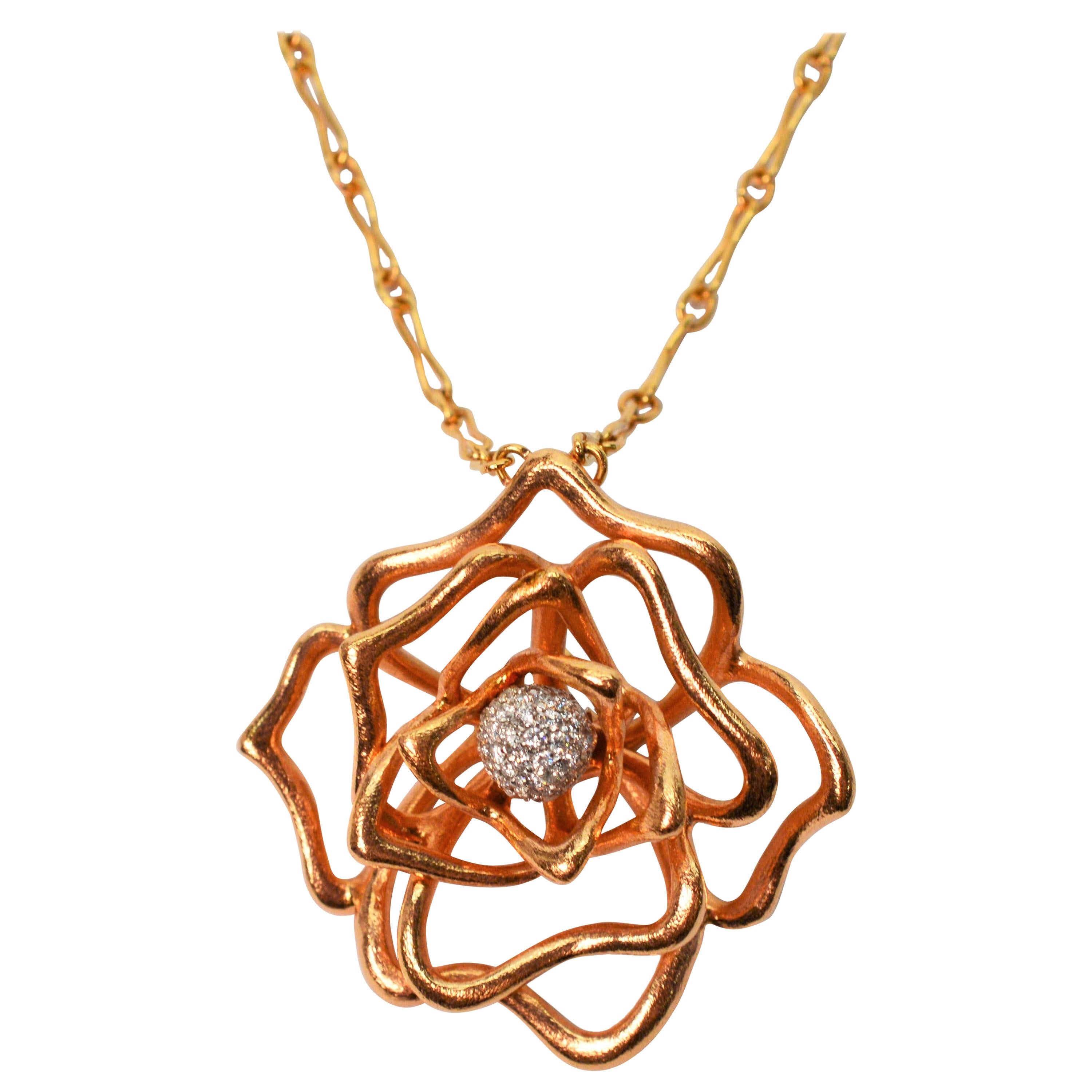 Roberto Coin Diamond Rose Gold Flower Necklace For Sale