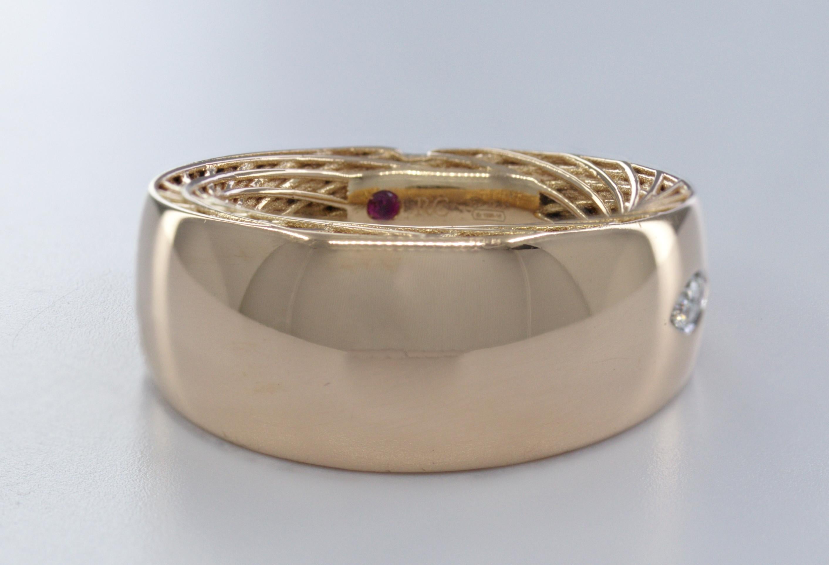 Artisan Roberto Coin Diamond, Ruby, 18K Rose Gold Wide “Golden Gate” Ring For Sale