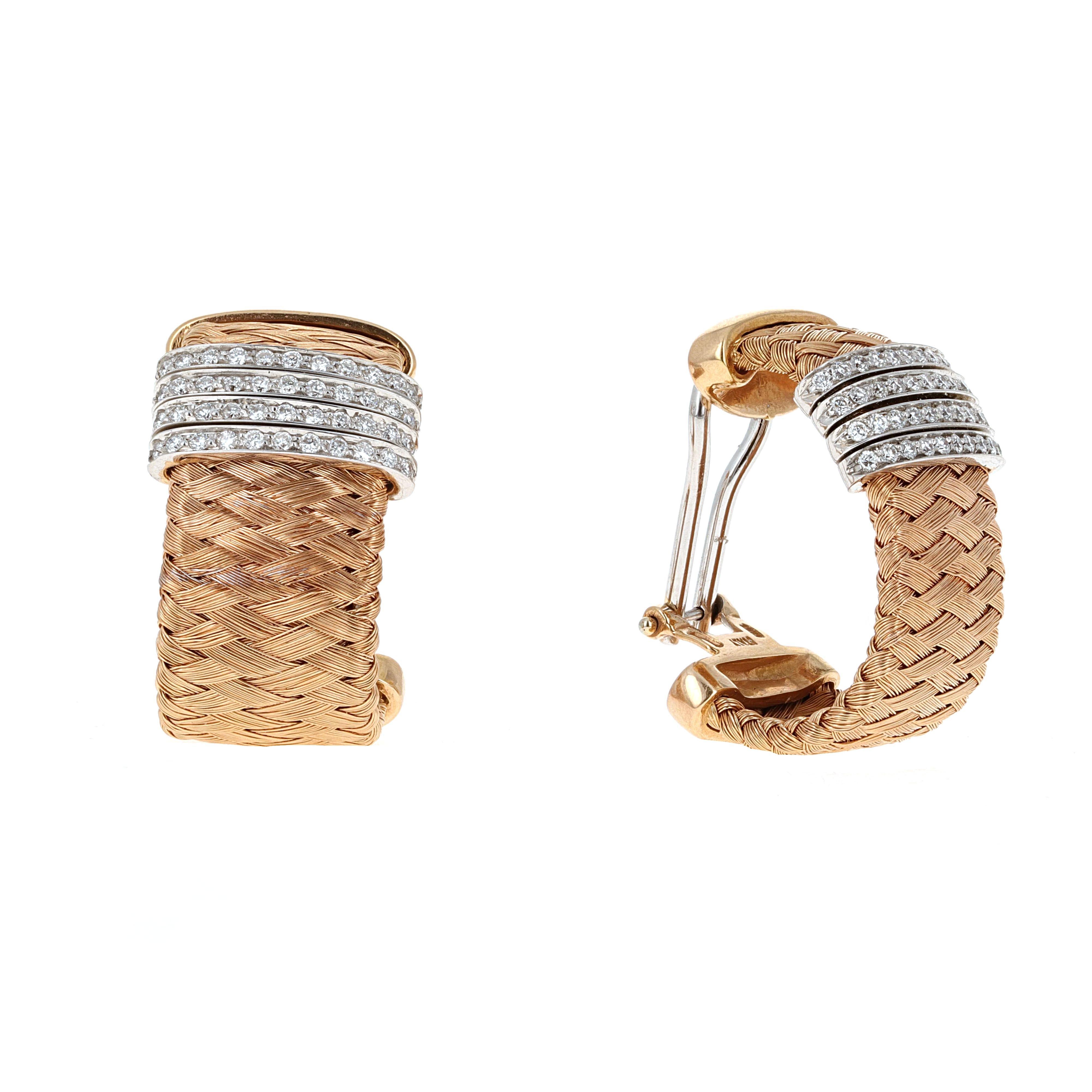 Roberto Coin 18 karat two tone yellow and white gold silk weave diamond earrings. The earrings are stamped 
