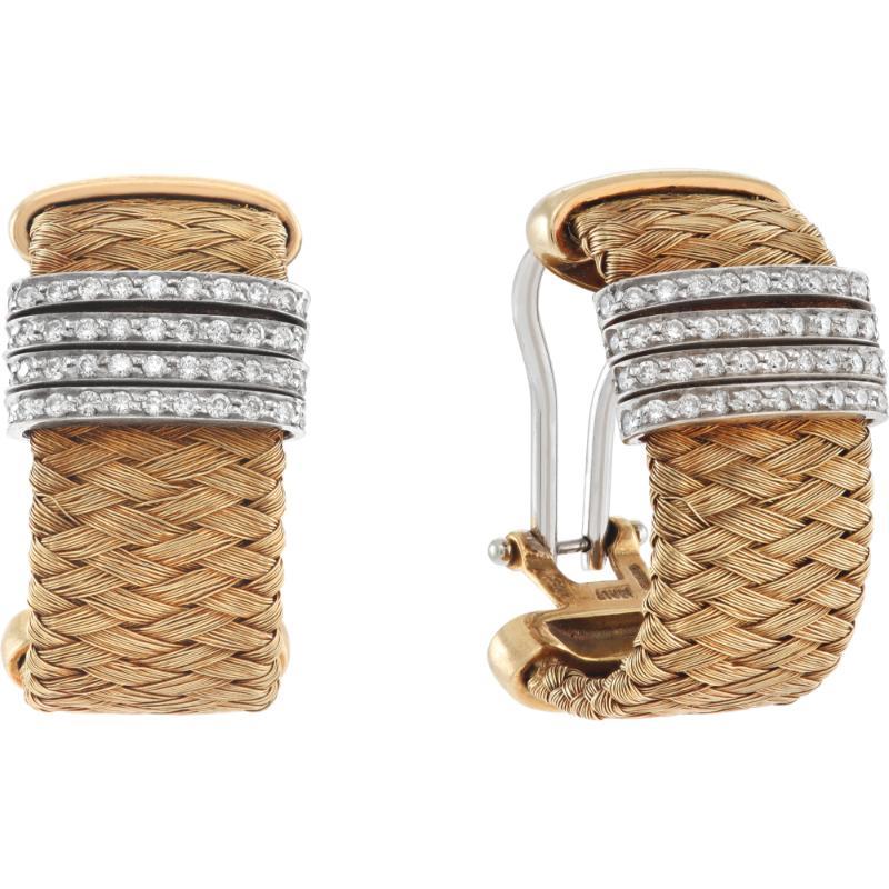 Roberto Coin basket silk weave demi hoops diamond earrings with omega back & post in 18k yellow and white gold. Approx. 0.80 carats in diamonds. 1 inch hanging length by 0.50 inch width.
