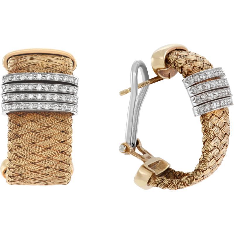 Roberto Coin Diamond Silk Weave Yellow and White Gold Earrings In Excellent Condition For Sale In Surfside, FL