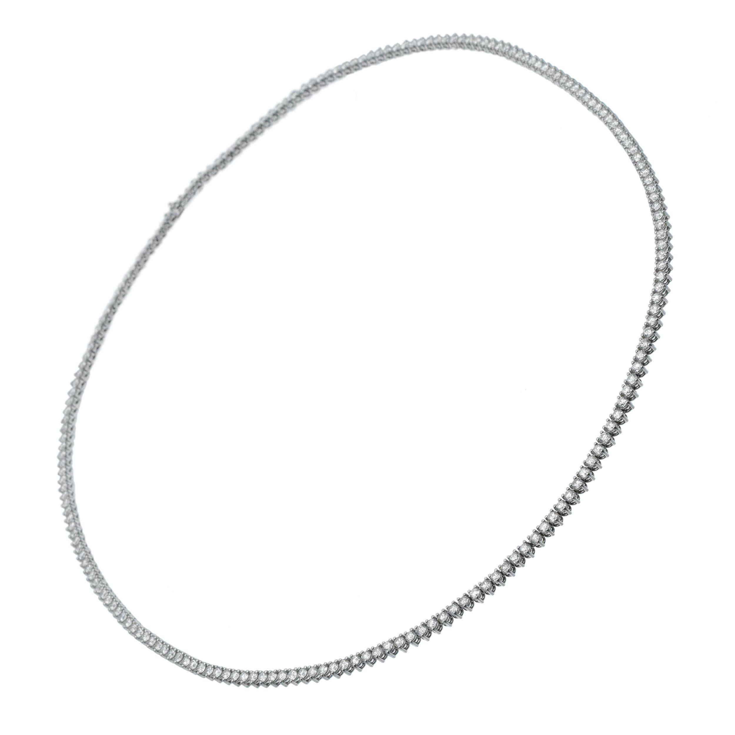 Roberto Coin Diamond Tennis Necklace In 18k
White Gold. The necklace features a classic diamond long chain  design, 3-prong set with 197 round brilliant cut diamonds with total weight of approximately 16.00ct, color: G/H  clarity: VS. Back of the