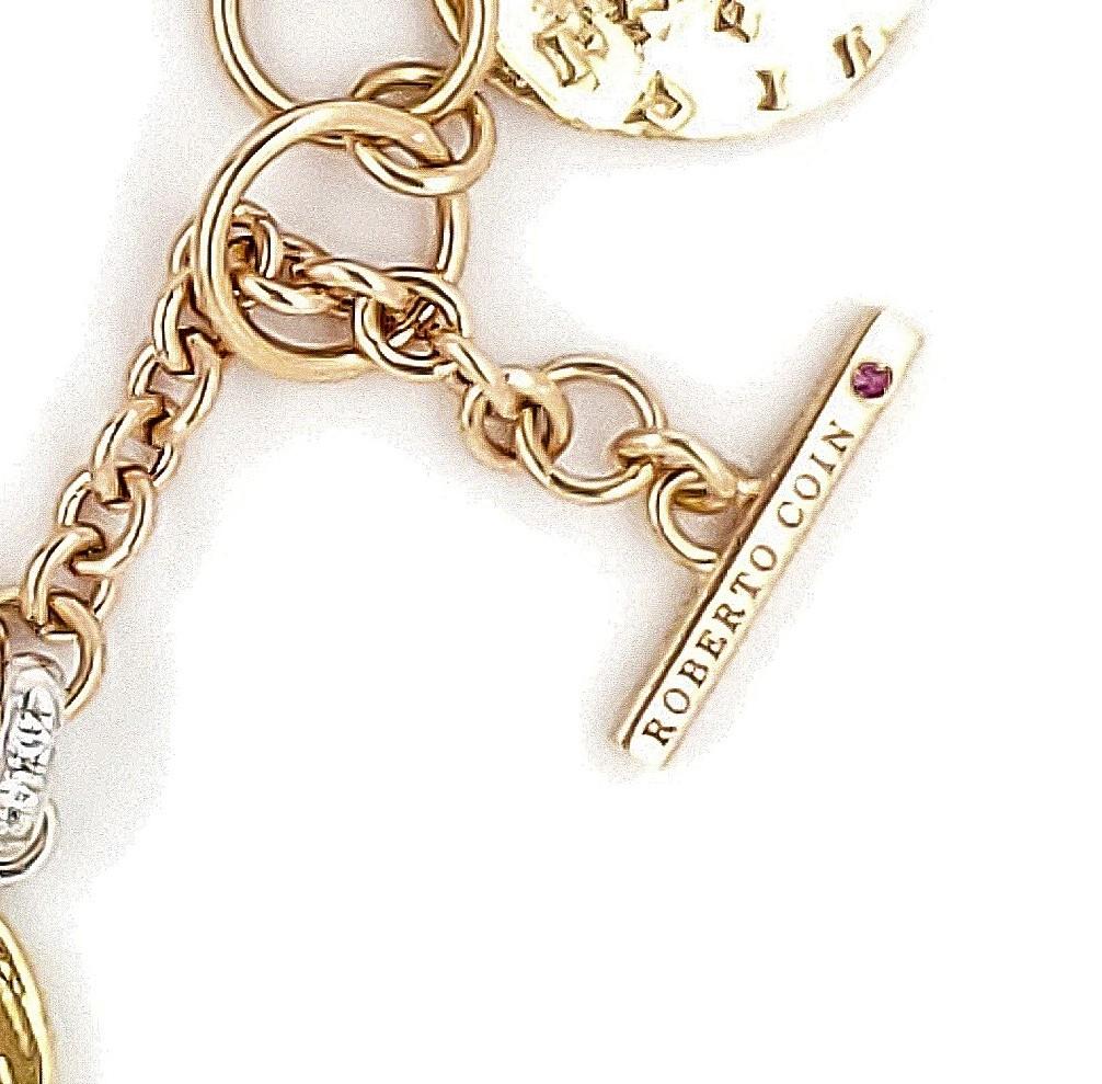 Roberto Coin Diamond Tri-Color Gold 6 Charm Toggle Bracelet In Excellent Condition In New York, NY