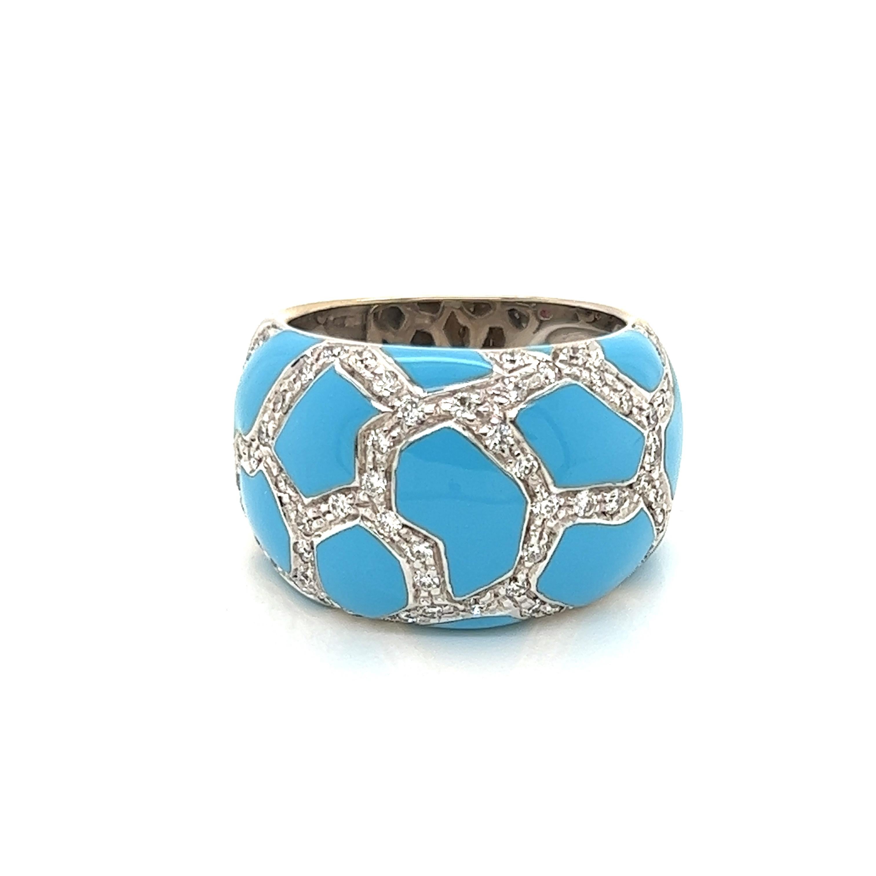 This gorgeous authentic dome band ring is by Roberto Coin, crafted from 18k white gold featuring a wide dome shape band and across the top of the band has mosaic design with turquoise inlay and with diamonds on white gold strips bordering each