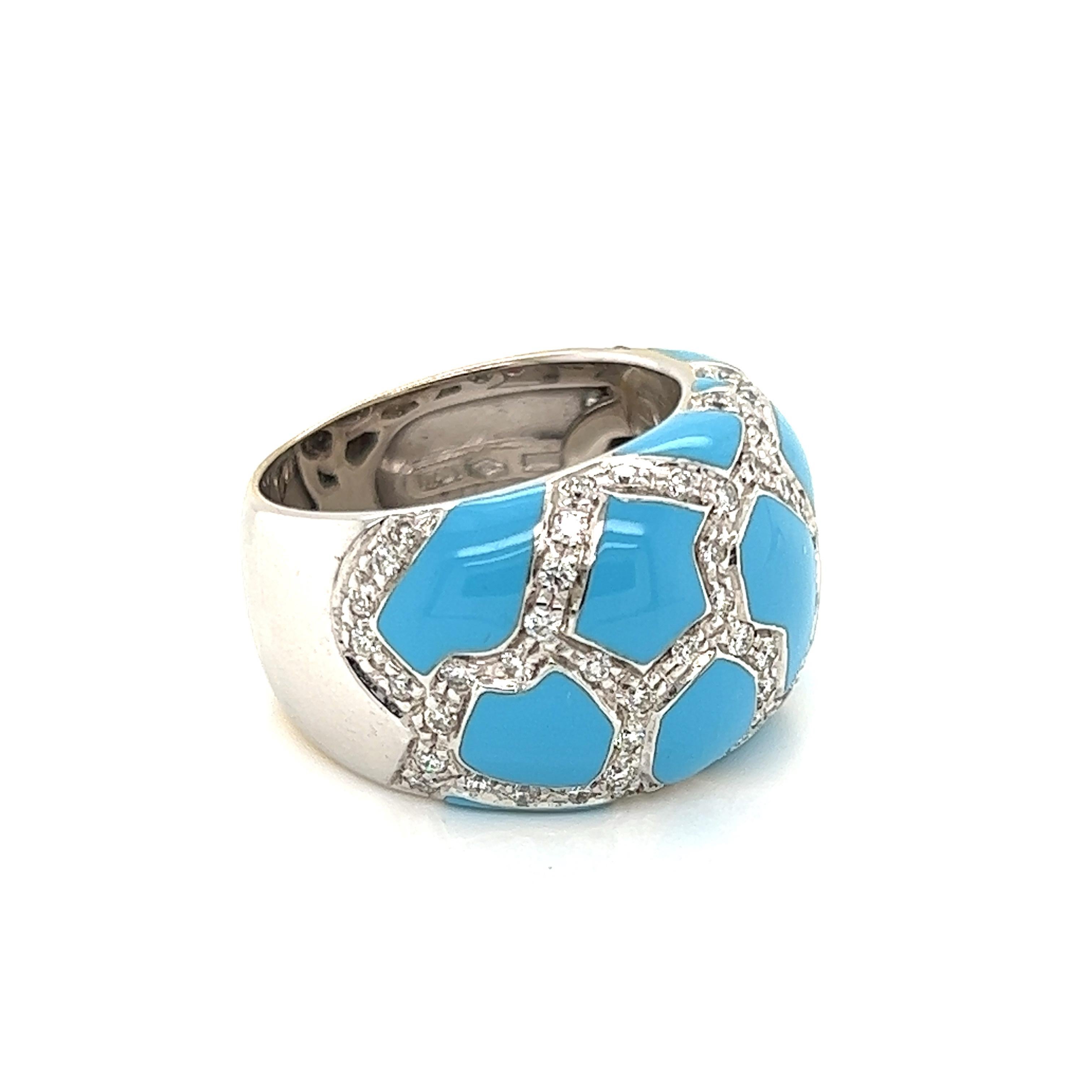 Brilliant Cut Roberto Coin Diamond Turquoise Mosaic 18k Wide Gold Wide Dome Band Ring For Sale