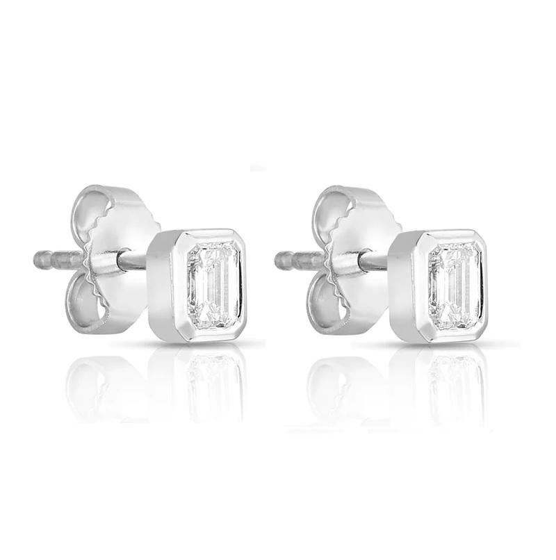 Roberto Coin Bezel Set Emerald Cut Diamond Stud Earring in 18k White Gold. 
Diamonds:-0.35 total carat weight 
Post Back 
111365AWERX0
 
