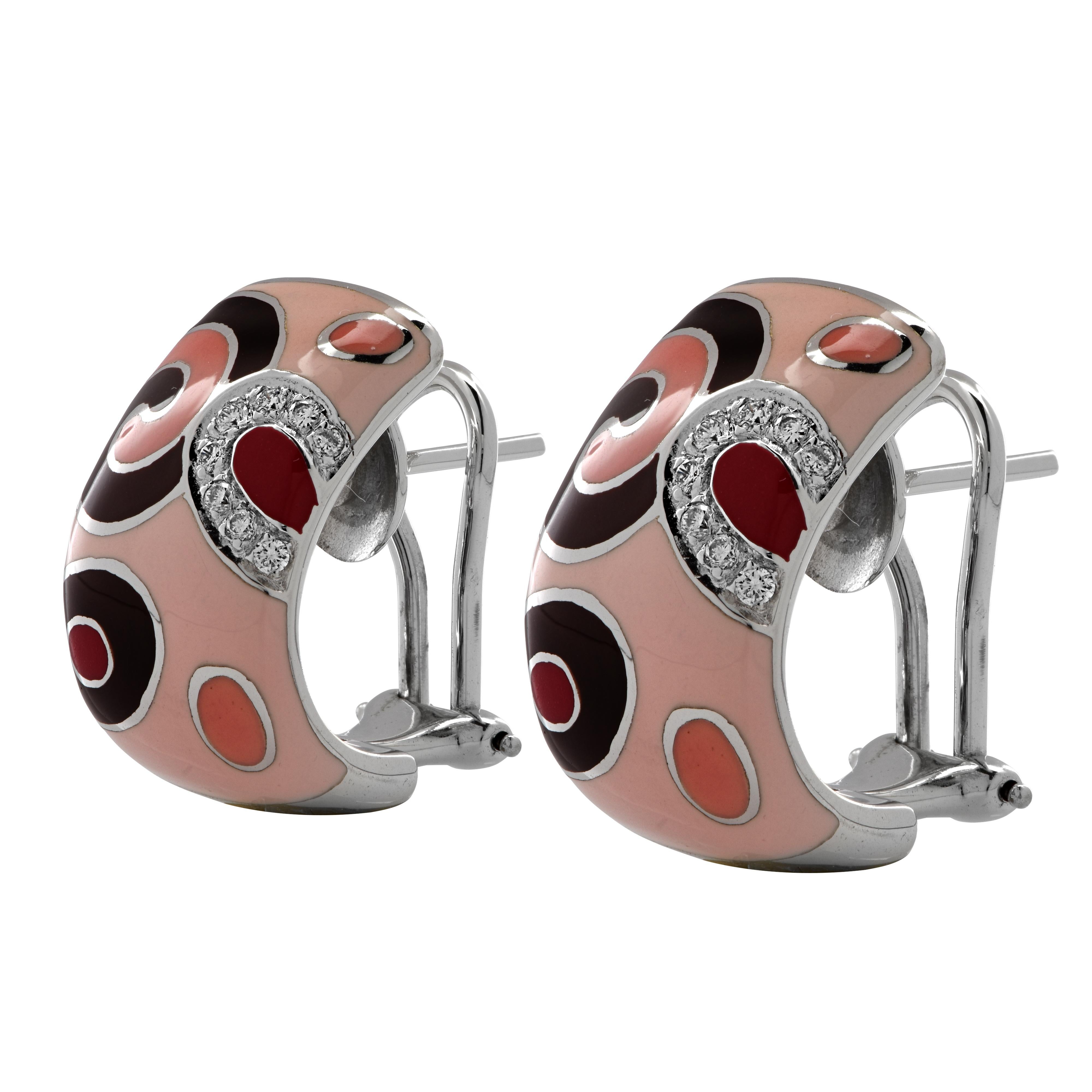 Stunning Roberto Coin huggie earrings crafted in 18 karat white gold, pink, red and brown enamel and diamonds. These exquisite earrings feature enamel and white gold swags and swirls, and 16 round brilliant cut diamonds weighing approximately .25