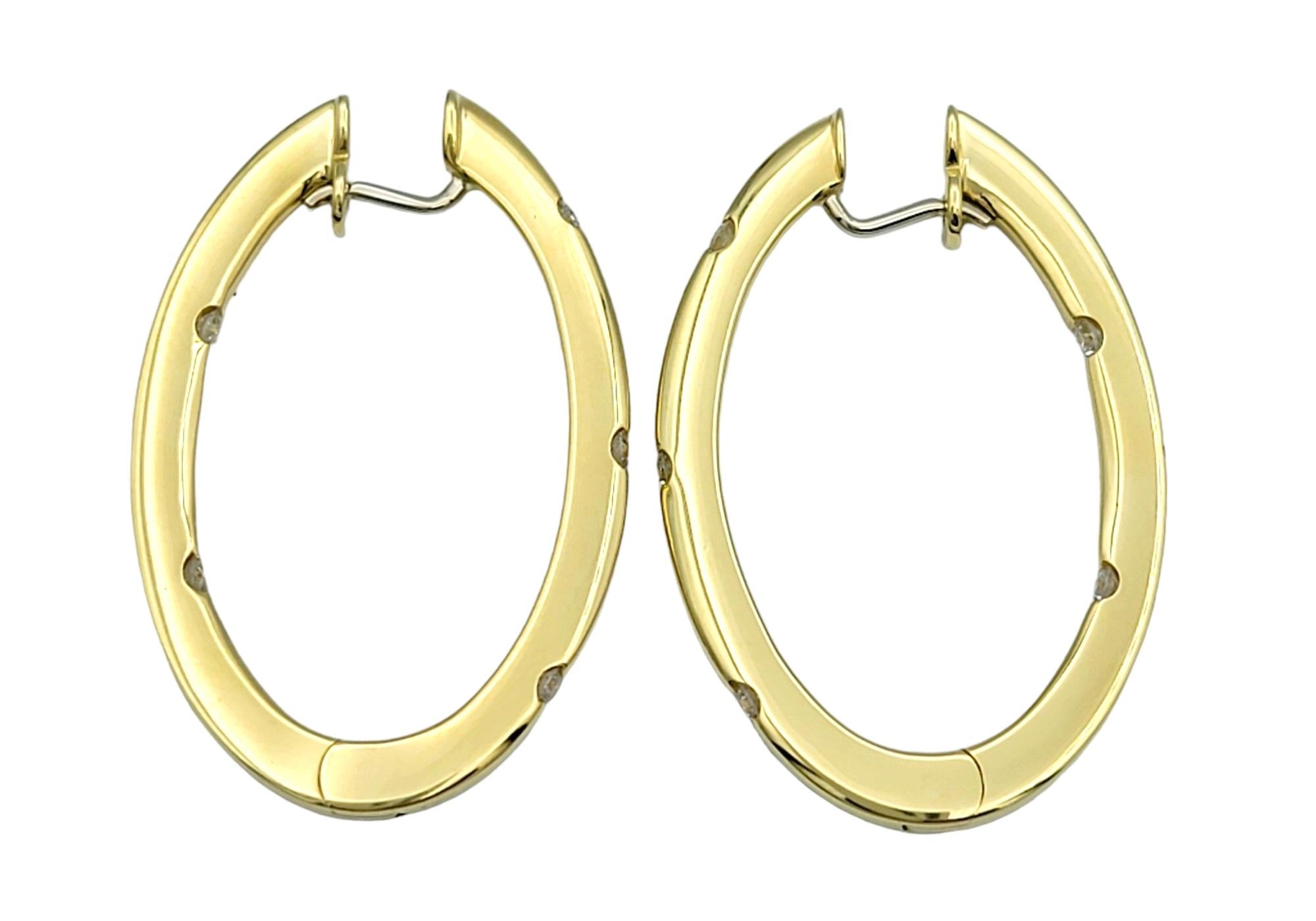 Roberto Coin Flat Oval Hoop Earrings with Diamonds Set in 18 Karat Yellow Gold In Good Condition In Scottsdale, AZ
