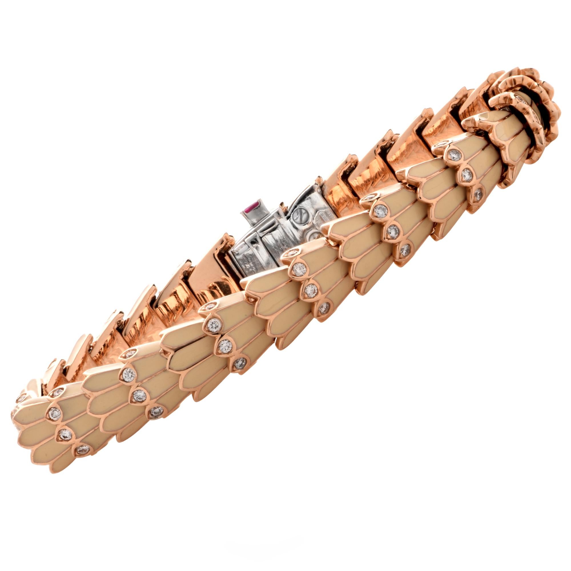 Sensational Roberto Coin cream enamel and diamond bracelet crafted in 18k rose gold. Feast your senses on this superbly crafted piece of Italian fine jewelry. This gorgeous bracelet features cream enamel scales framed in rich, warm rose gold,