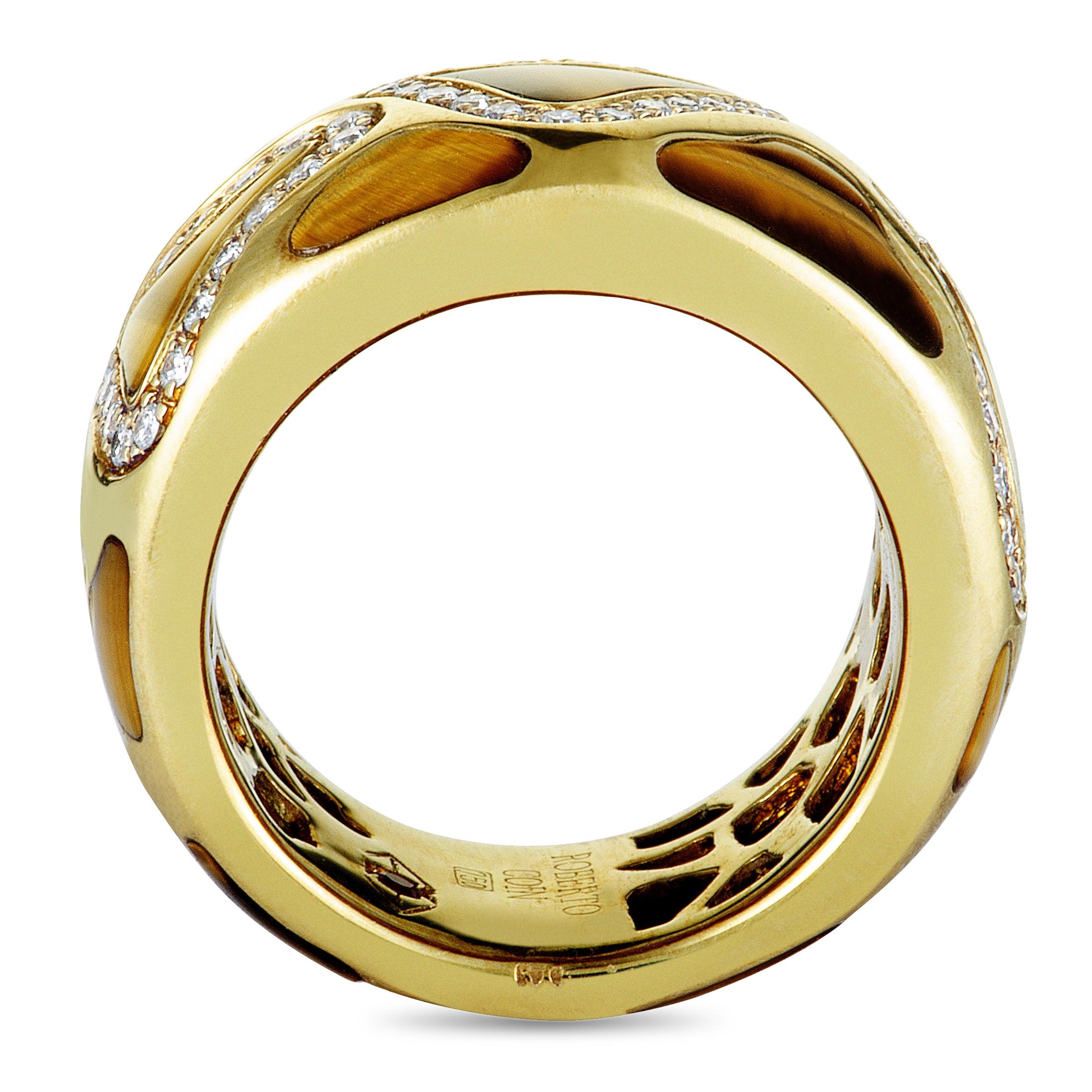 The fashionable décor of this eye-catching Roberto Coin ring is inspired by the characteristic spots that giraffes have on their fur. This decorative motif is presented in enticing tiger’s eye stones against the luxuriously radiant 18K yellow gold,