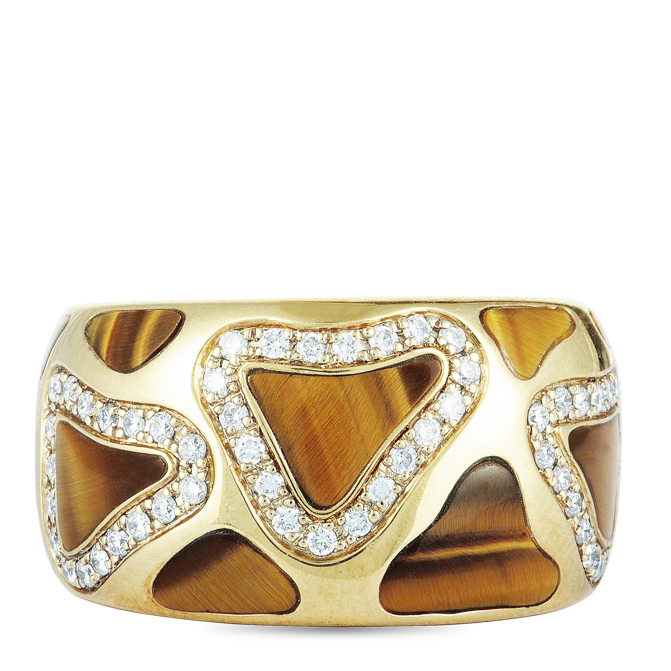 Women's Roberto Coin Giraffe 18 Karat Yellow Gold Diamond and Tiger's Eye Wide Band Ring