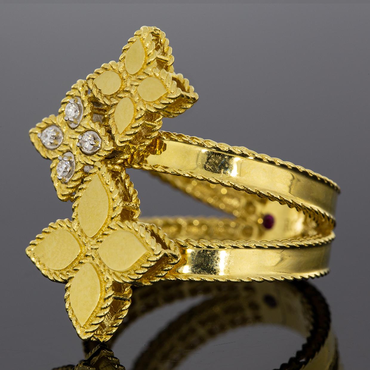 Item Details
Estimated Retail $2,250.00
Brand Roberto Coin
Collection Princess Flower
Metal Multi-tone Gold
Total Carat Weight (TCW) 0.03 ctw
Ring Size 6.5
Sizable No
Width 6 mm
Metal Purity 18k
Style Statement

Roberto Coin founded his namesake
