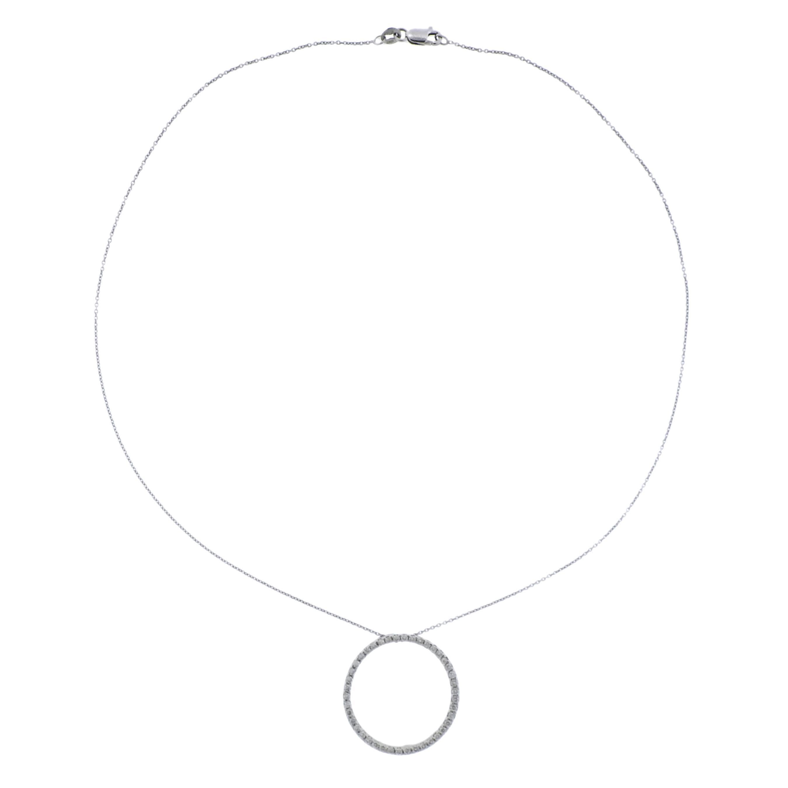  18k white gold chain with circle pendant, crafted by Roberto Coin, set with approx. 0.42ctw in G/VS diamonds. Necklace is 16