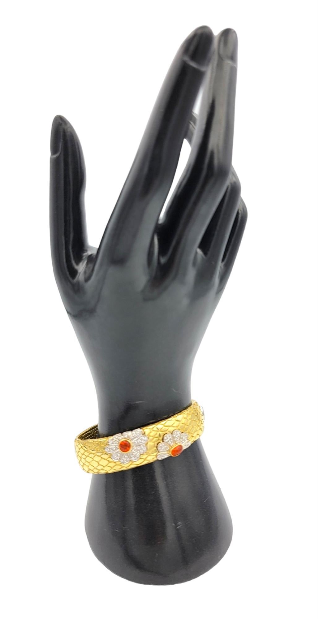 Women's Roberto Coin Gold Snakeskin Bangle Bracelet with Fire Opal and Diamond Flowers For Sale