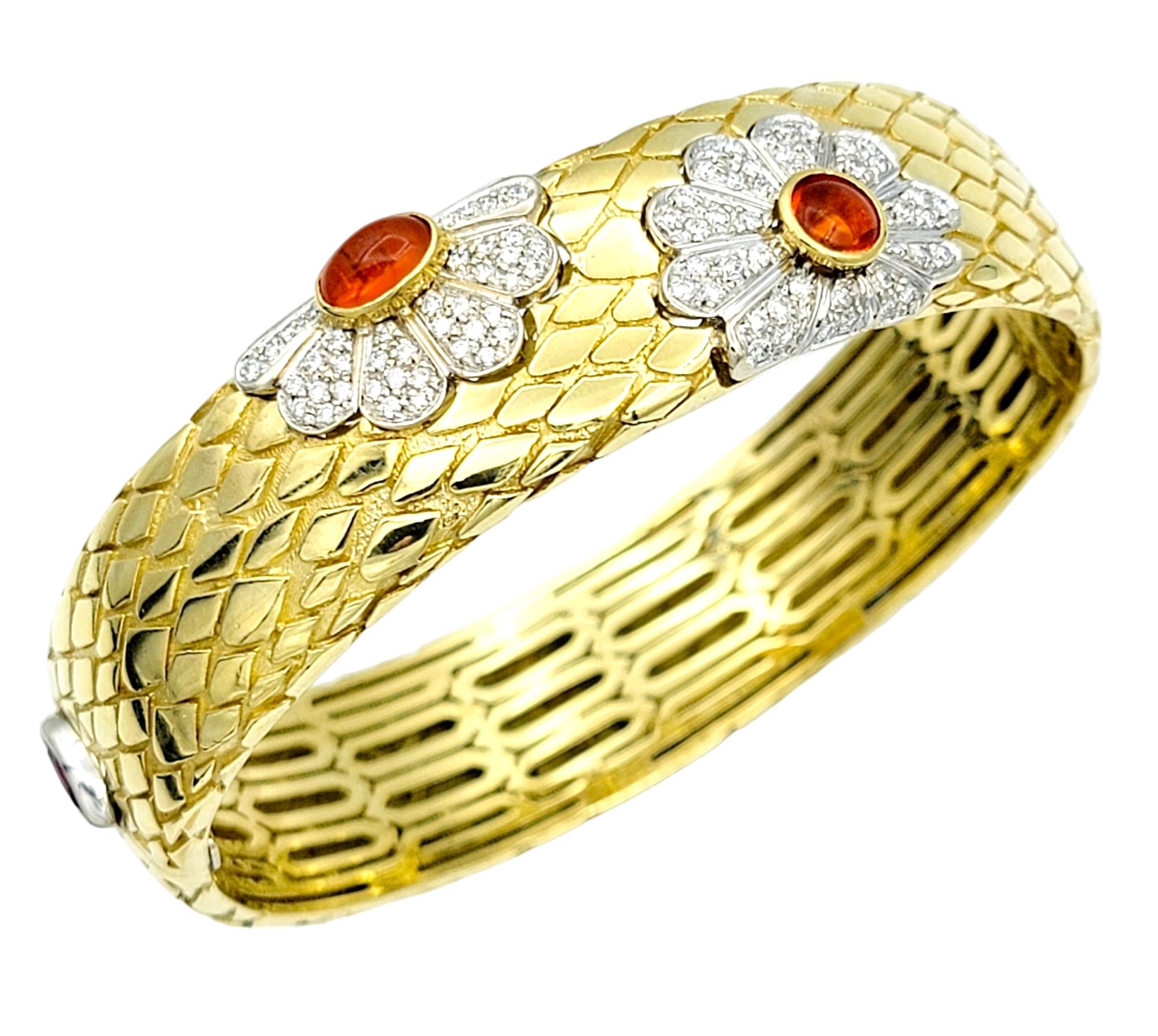 Roberto Coin Gold Snakeskin Bangle Bracelet with Fire Opal and Diamond Flowers For Sale
