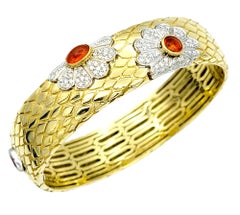 Vintage Roberto Coin Gold Snakeskin Bangle Bracelet with Fire Opal and Diamond Flowers