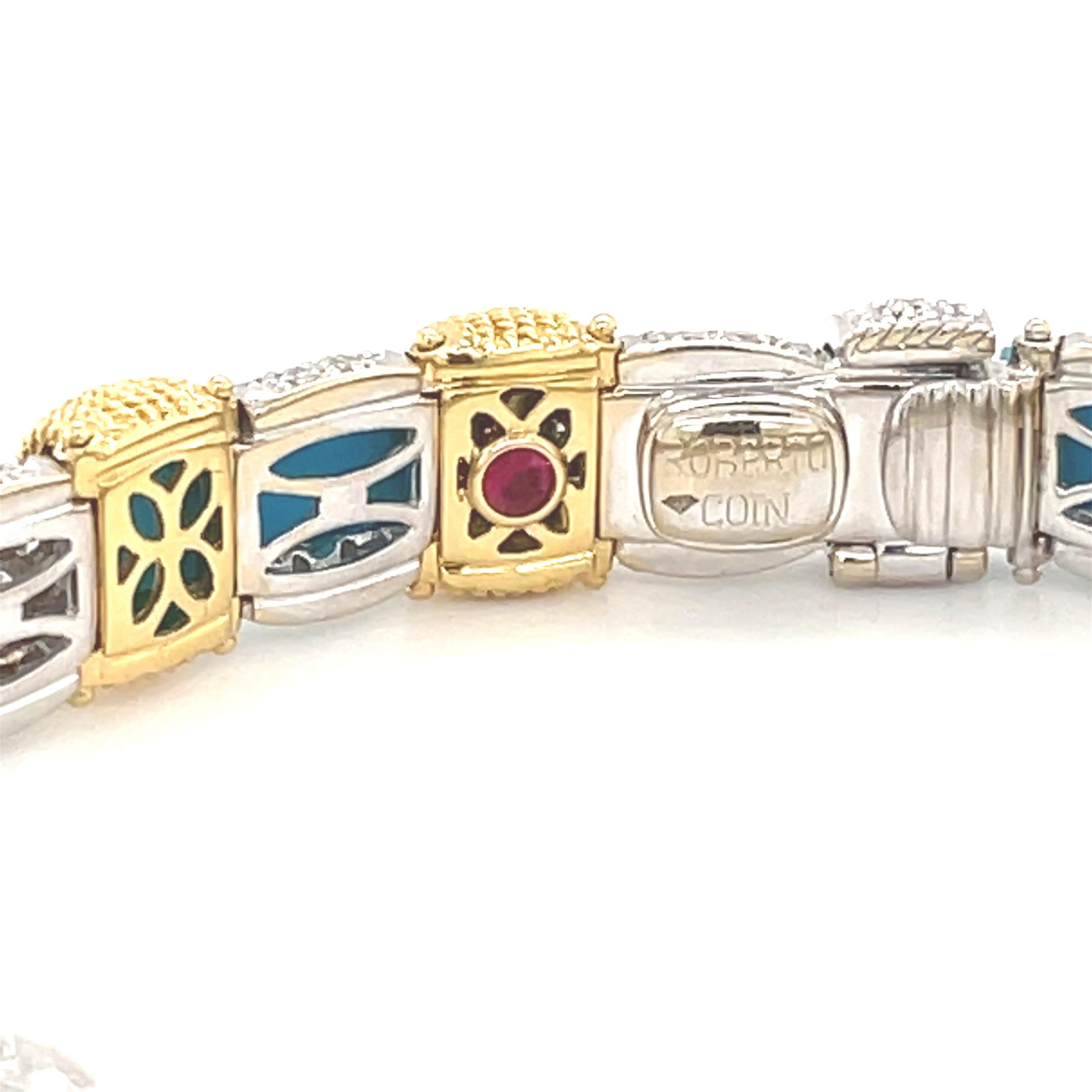 From Acclaimed Designer Roberto Coin, 18K Yellow and White Gold Turquoise and Diamond Bracelet.  Appasionata Collection.  Fits 7 inch wrist.  Stamped Roberto Coin and Ruby.  Elongated Rectangular Cabochon Turquoise. Stamped Roberto Coin 18k Italy