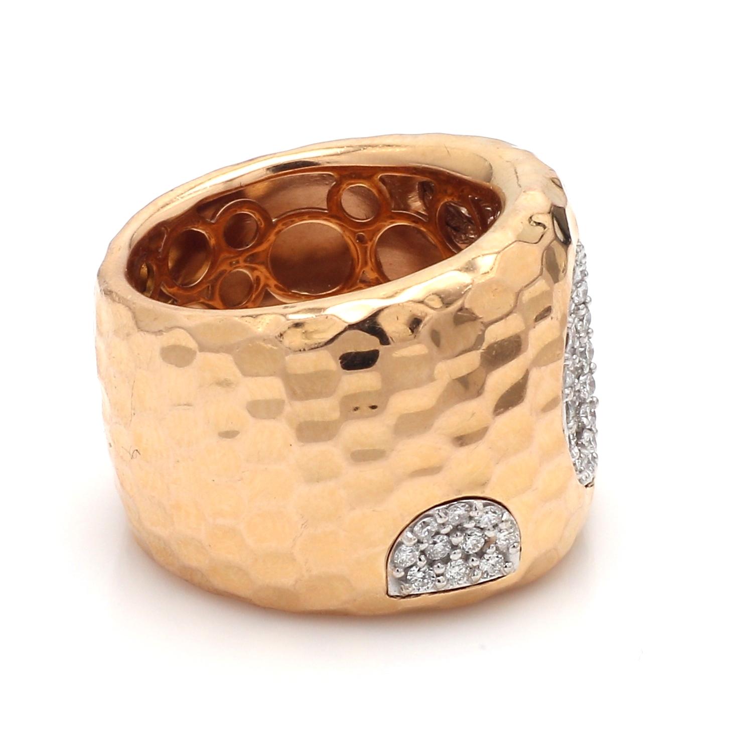 Roberto Coin, 18K rose gold, hammer-finished band. Band is set with sixty (60) round brilliant cut diamonds weighing approximately 1.00ctw. Band weighs 21.7 grams and is a size 6.5. 
All questions answered.
All reasonable offers are considered!