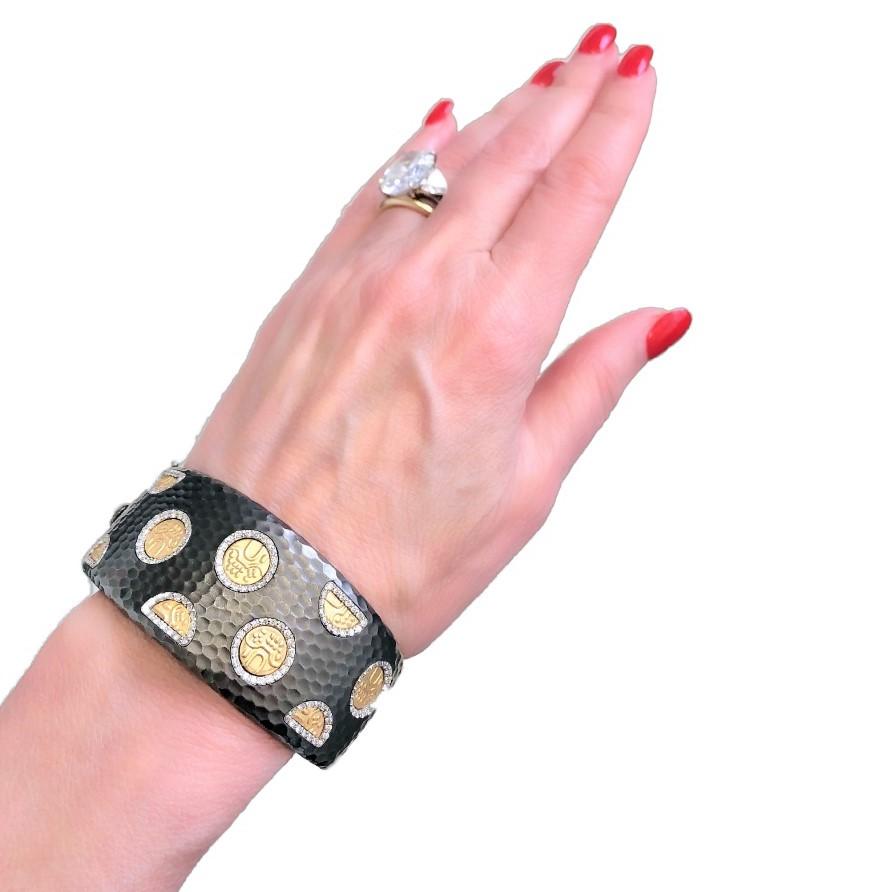 Roberto Coin Hammered Cuff Bracelet with Gold Motifs and Diamonds 5